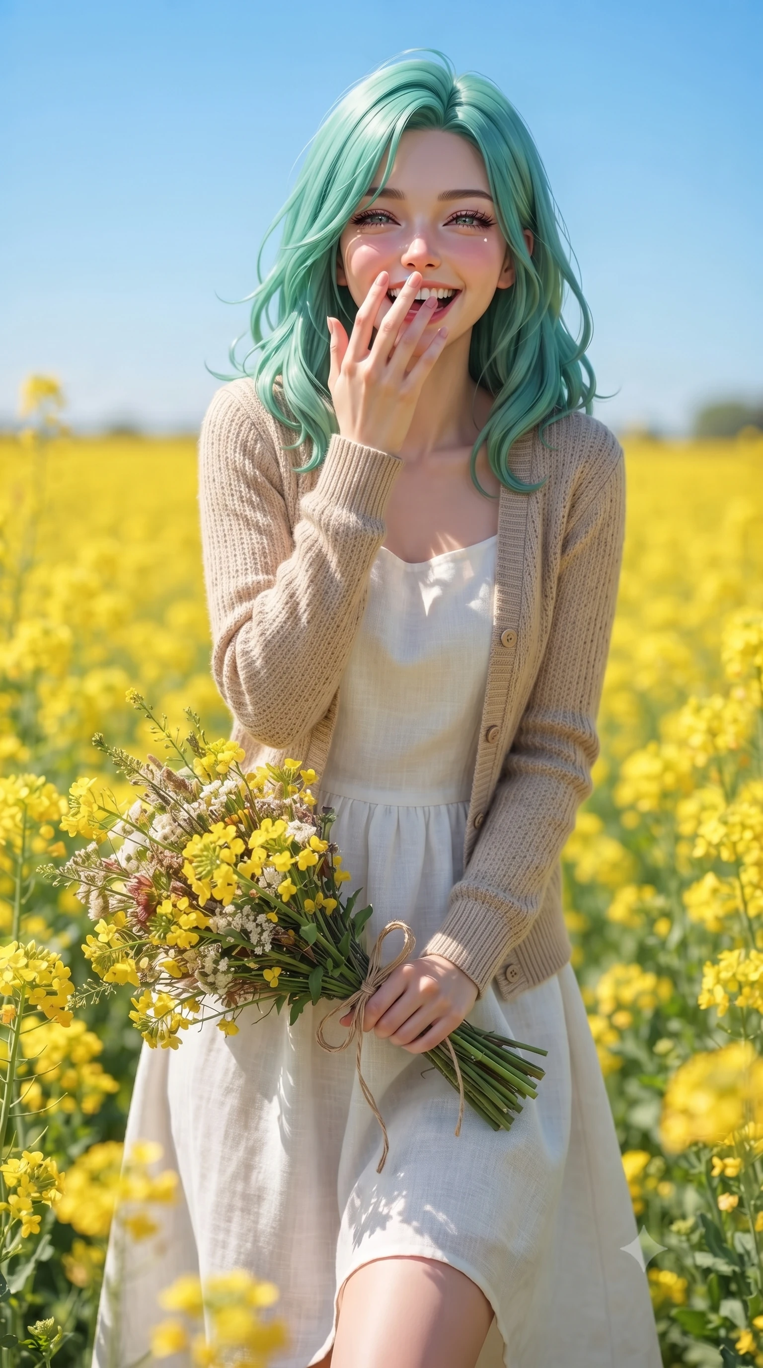 score_9, masterpiece, best quality, ultra-detailed, high-budget anime keyframe, editorial fashion photography, tasteful artistic composition, Japanese woman. close-up cowboy shot from the waist and thighs up, the character dominates the composition, filling the frame with her large presence, background elements kept in soft focus. giggling cutely behind her hand, her eyes sparkling with joy and bright energy set against a soft-focus background of in a vast field of bright yellow canola flowers under a clear blue sky holding a beautiful wildflower bouquet tied with a simple twine ribbon. She has an exceptionally elegant, slender, and willowy female figure with an ultra-slim waist, a gracefully sculpted slender torso, and a refined silhouette. sharp v-shaped jawline, high-bridge nose, intricate jewel-like eyes with depth, thick eyelashes, glossy lips with a natural sheen. wearing slim-fit cozy knit cardigan in beige, layered over a casual linen dress. bright midday sun rays highlighting the vibrant colors of the flowers. ultra-reflective glossy finish, specular highlights, metallic sheen, high-contrast stereoscopic depth, volumetric dynamic lighting, 2k, ultra detail, master piece, 9:16 ratio