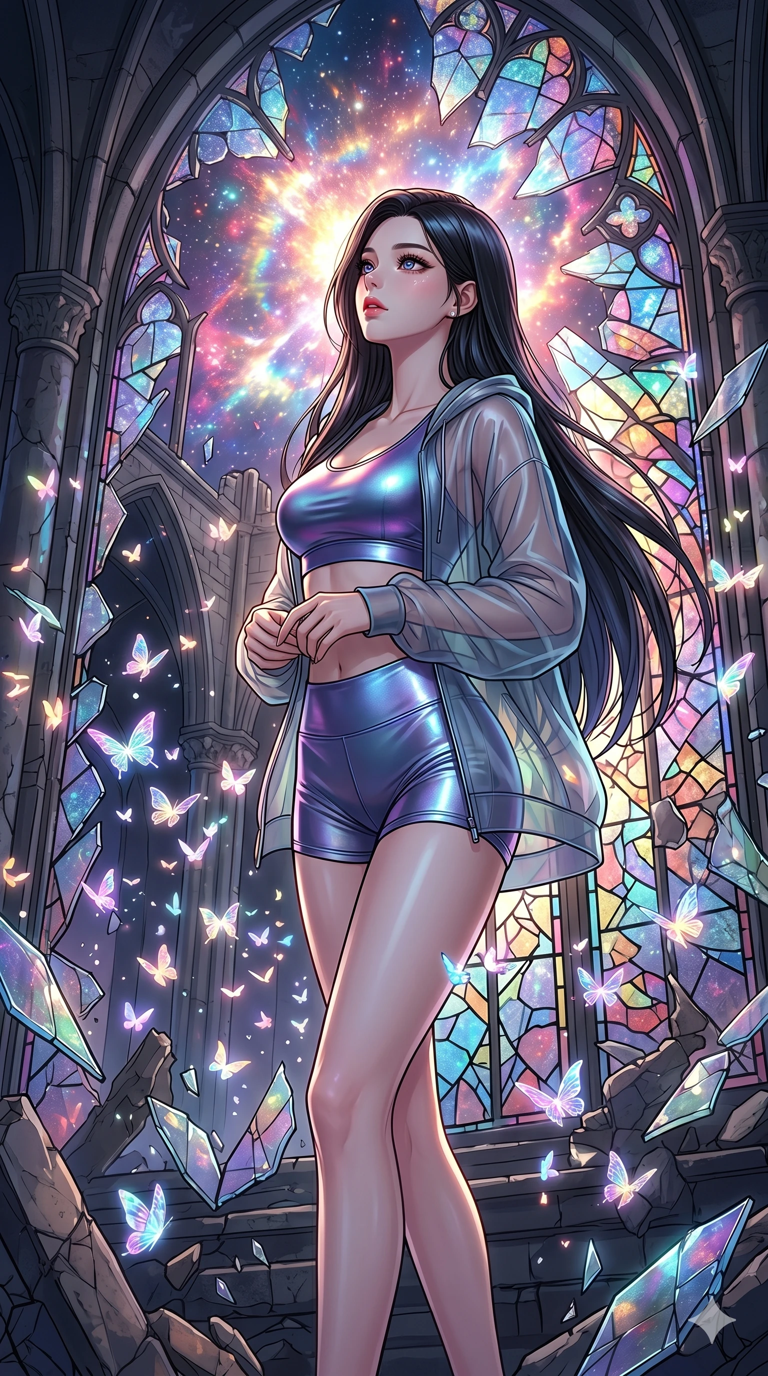 score_9, masterpiece, best quality, ultra-detailed, high-budget anime movie keyframe, cinematic anime lighting, intricate line art, Korean anime girl. Upper body filling screen focusing on her alluring features and slim-fit silhouette. observing a supernova in a shattered stained glass cathedral surrounded by glowing butterflies. She has an absolutely perfect 8-heads proportion, an exceptionally tall and slender female figure with an ultra-slim waist and impossibly long slender legs. sharp v-shaped jawline, high-bridge nose, intricate jewel-like eyes, thick eyelashes, glossy lips. Wearing premium athleisure set with a metallic-finish compression top, high-cut yoga shorts that accentuate her long legs, and a sheer oversized hoodie. The scene is illuminated by dramatic atmospheric lighting and vibrant color palettes. 2k, ultra detail, master piece, 9:16 ratio