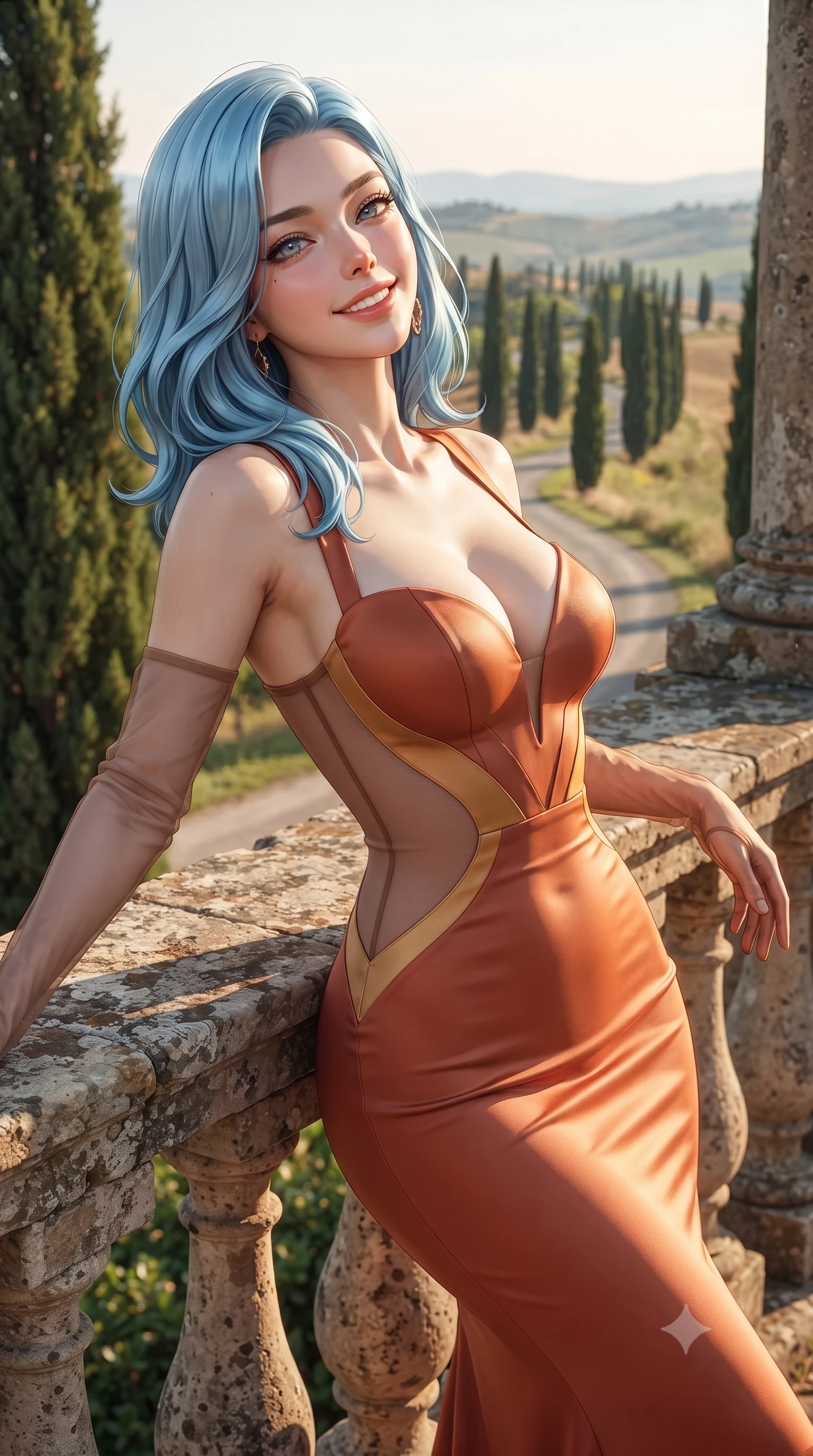 score_9, masterpiece, best quality, ultra-detailed, high-budget anime keyframe, editorial fashion photography, tasteful artistic composition, Korean woman. close-up cowboy shot from the waist and thighs up, the character dominates the composition, filling the frame with her large presence. leaning back against the balustrade with relaxed seductive grace, head tilted back slightly while casting a hypnotic, heavy-lidded gaze while leaning against the rustic stone villa pergola with hips cocked back, looking along the iconic winding cypress tree road with heavy-lidded bedroom-eyes. The surrounding environment is rendered in vivid detail and crisp panoramic clarity: detailed garment lines, wet cling or tailored fit, and rustic Italian estate craft in razor-sharp precision. She has an exceptionally elegant, slender, and willowy female figure with an ultra-slim waist, flat toned midriff, narrow ribcage, and sculpted feminine hips creating an alluring, slim hourglass silhouette without bulk. sharp v-shaped jawline, high-bridge nose, intricate jewel-like sparkling eyes with depth, thick eyelashes, glossy parted lips with a natural peach sheen, bright cheerful beaming smile with an enchanting and coquettish sensual glint, exuding both youthful cute charm and seductive allure, flawlessly proportioned anatomical accuracy, strict slender model proportions, natural body alignment, perfectly sculpted long slender limbs, ultra-slim waistline, clean dynamic posture without body distortion. wearing an alluring plunging sweetheart bustier dress with sheer mesh side-waist cutouts contouring her ribs in Florentine Renaissance Medici terracotta and warm gilded ochre, made of fluid liquid jersey with seamless sculpting hold and smooth contours, complemented by sheer opera-length evening gloves tracing her slender arms, the second-skin tailored fabric adhering flawlessly to her sculpted flat midriff and slender torso, emphasizing her long leg lines and perfectly proportioned willowy build. illuminated by pool water specular bounce and sharp gold-cyan dual rim lights sculpting her jawline, narrow waist, and curvy hips. ultra-reflective glossy finish, specular highlights, rich textural contrasts, high-contrast stereoscopic depth, volumetric dynamic lighting, 2k, ultra detail, master piece, 9:16 ratio