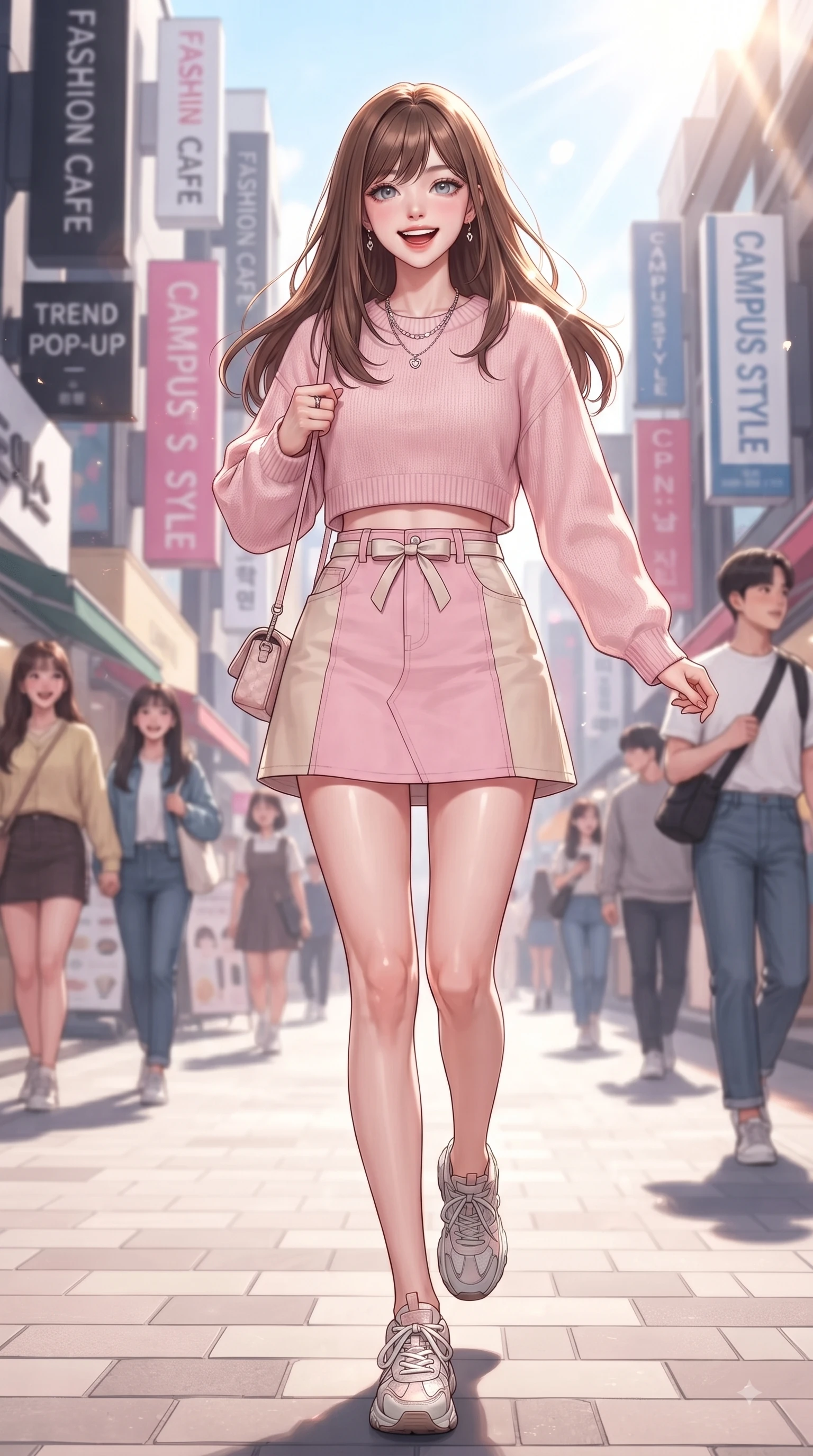 score_9, masterpiece, best quality, ultra-detailed, high-budget anime keyframe, editorial fashion photography, tasteful artistic composition, Korean woman. low angle full-body shot from head to toe showing her feet, filling the entire 9:16 vertical frame with her statuesque presence, stretching her vertical silhouette. performing a cheerful mid-motion turn with flawless poise, her radiant smile capturing fresh girlhood energy while pivoting in a stylish stride under bright sunbeams on a bustling college town fashion avenue. The composition keeps background elements in soft focus with dreamy bokeh. colorful urban shop signs and trendy street pop-up stores blurred in creamy background bokeh. She has an absolutely perfect, statuesque 8.5-heads proportion, an exceptionally tall and slender model-like female figure with impossibly long slender legs and an ultra-slim waist. sharp v-shaped jawline, high-bridge nose, intricate jewel-like eyes with depth, thick eyelashes, glossy lips with a natural sheen, flawlessly proportioned anatomical accuracy, natural body alignment, perfectly sculpted elegant limbs, clean dynamic posture without body distortion. wearing a sweet baby-pink cropped knit sweater with a high-waisted denim A-line skirt in cherry blossom pink and soft beige, tailored from crisp cotton poplin, accented with a dainty waist ribbon bow, the chic real-way fashion cut emphasizing her effortless charm. surrounded by a trendy, youthful, and energetic fashion street aura. ultra-reflective glossy finish, specular highlights, metallic sheen, high-contrast stereoscopic depth, volumetric dynamic lighting, 2k, ultra detail, master piece, 9:16 ratio