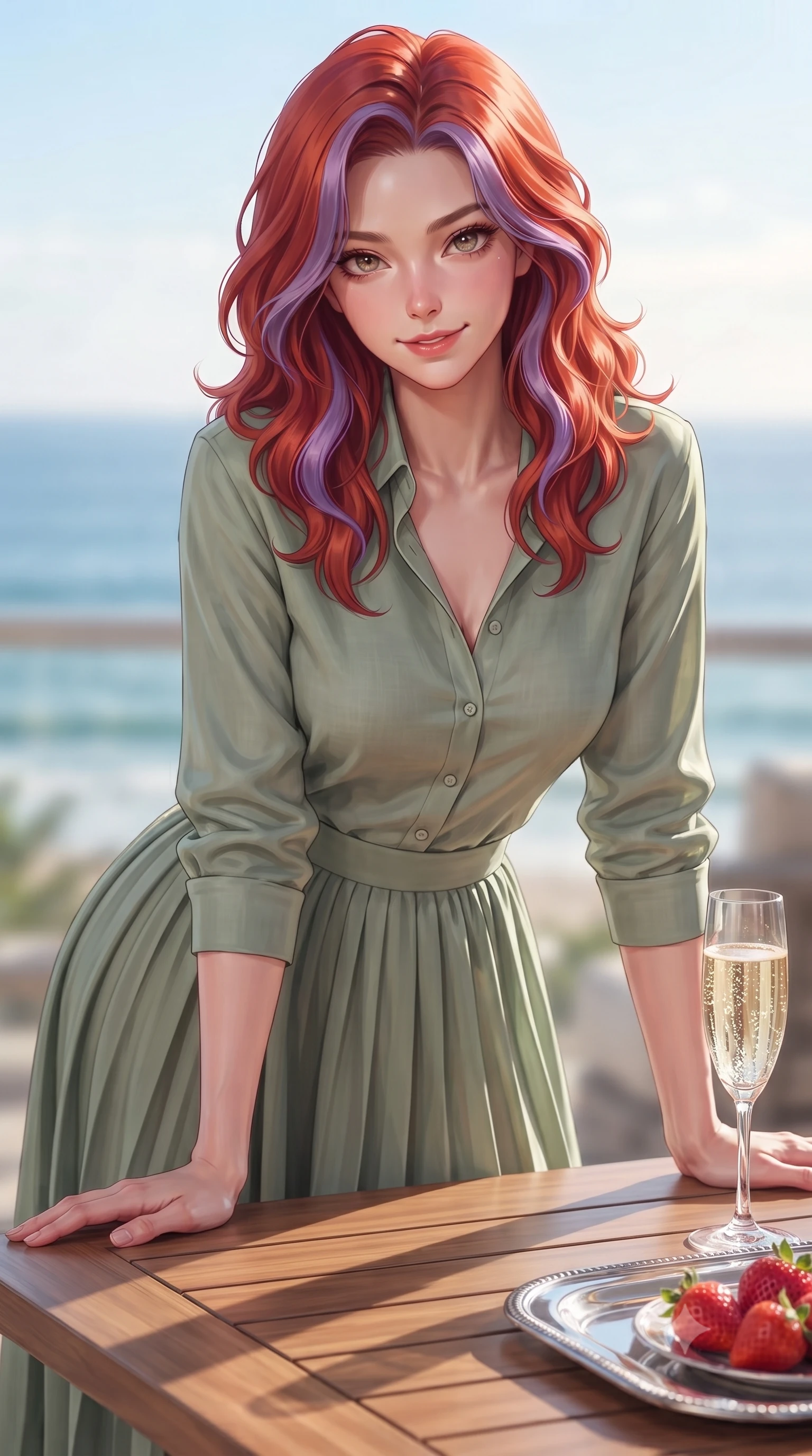 score_9, masterpiece, best quality, ultra-detailed, high-budget anime keyframe, editorial fashion photography, tasteful artistic composition, Caucasian woman. close-up cowboy shot from the waist and thighs up, the character dominates the composition, filling the frame with her large presence, background elements kept in soft focus. leaning slightly forward over the table with a playful, magnetic smile that locks direct eye contact set against a soft-focus background of inside an exclusive oceanfront balcony with a crystal glass of sparkling champagne and fresh strawberries on a silver tray. She has an exceptionally elegant, slender, and willowy female figure with an ultra-slim waist, a gracefully sculpted slender torso, and a refined silhouette. sharp v-shaped jawline, high-bridge nose, intricate jewel-like eyes with depth, thick eyelashes, glossy lips with a natural sheen. wearing form-contouring sage green soft linen casual linen button-down shirt paired with a flowy pleated midi skirt featuring refined tailored seams. accented by a single dramatic key light highlighting her statuesque posture and slim waist. highly saturated vibrant anime colors, detailed shading with soft gradients, rich glossy textures, high-contrast stereoscopic depth, volumetric dynamic lighting, master piece, 9:16 ratio