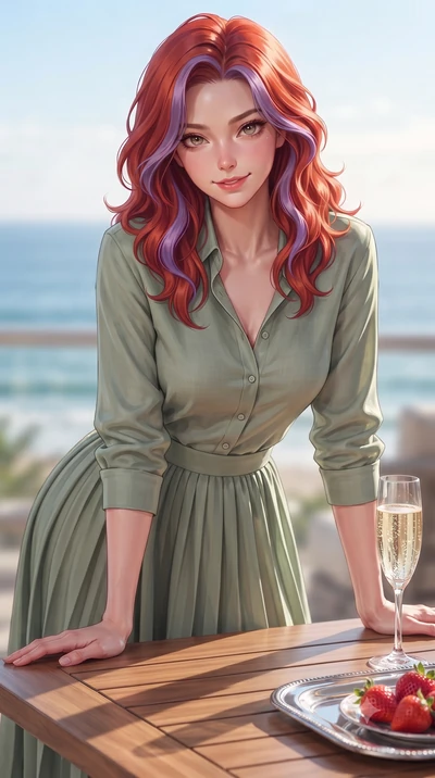 score_9, masterpiece, best quality, ultra-detailed, high-budget anime keyframe, editorial fashion photography, tasteful artistic composition, Caucasian woman. close-up cowboy shot from the waist and thighs up, the character dominates the composition,