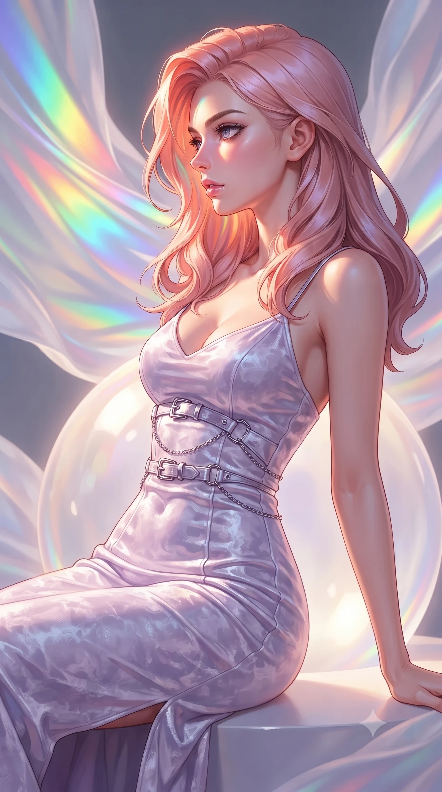 score_9, masterpiece, best quality, ultra-detailed, high-budget anime keyframe, editorial fashion photography, tasteful artistic composition, Japanese woman. close-up cowboy shot from the waist and thighs up, the character dominates the composition, filling the frame with her large presence, background elements kept in soft focus. Turning her face in sharp dramatic profile against the radiant light, resting against a floating glass sphere amidst swirling opal fabric streams, high-fashion minimalist editorial composition. She has an exceptionally elegant, slender, and willowy female figure with an ultra-slim waist, a gracefully sculpted slender torso, and a refined silhouette. sharp v-shaped jawline, high-bridge nose, intricate jewel-like eyes with depth, thick eyelashes, glossy lips with a natural sheen. wearing form-contouring liquid silver jersey long slip dress in pastel lavender violet, made of crushed white silk velvet, framed by polished silver buckles and delicate chain details, accentuating her gracefully sculpted slender torso. illuminated by soft multi-color rainbow light refracting through opal silk. highly saturated vibrant anime colors, detailed shading with soft gradients, rich glossy textures, high-contrast stereoscopic depth, volumetric dynamic lighting, master piece, 9:16 ratio