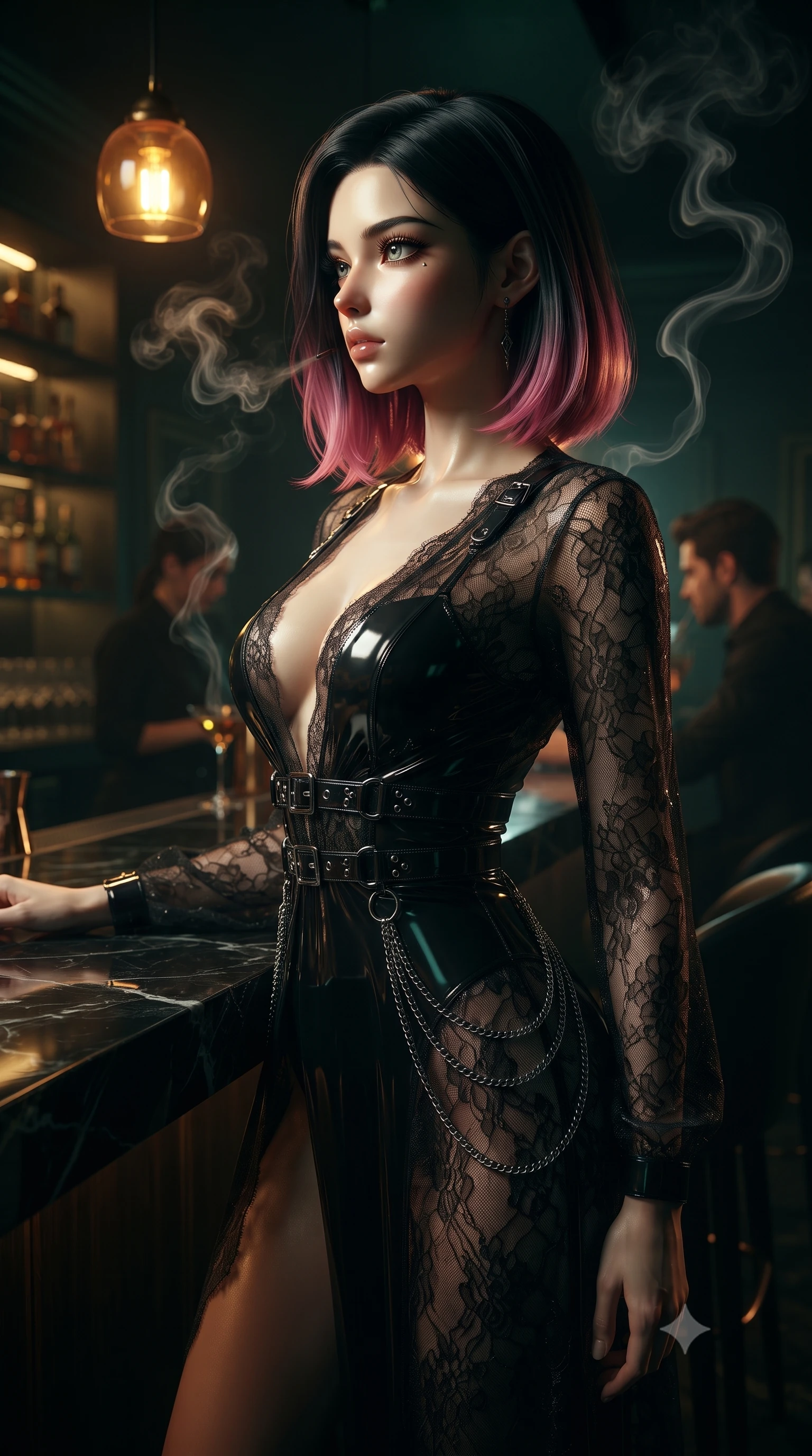 score_9, masterpiece, best quality, ultra-detailed, high-budget anime keyframe, editorial fashion photography, tasteful artistic composition, Korean woman. close-up cowboy shot from the waist and thighs up, the character dominates the composition, filling the frame with her large presence, background elements kept in soft focus. Turning her face in sharp dramatic profile against the key light, standing beside a polished black marble bar counter under a low amber pendant light, swirling aromatic smoke trails rising gracefully into the dark moody air. She has an exceptionally elegant, slender, and willowy female figure with an ultra-slim waist, a gracefully sculpted slender torso, and a refined silhouette. sharp v-shaped jawline, high-bridge nose, intricate jewel-like eyes with depth, thick eyelashes, glossy lips with a natural sheen. wearing gothic nebula sheer dark lace gown with plunging neckline in metallic dark silver, made of high-gloss liquid vinyl, framed by dark titanium buckles and silver chain details, accentuating her gracefully sculpted slender torso. bathed in rich dark emerald and gold tones with high-contrast shadows. ultra-reflective glossy finish, specular highlights, metallic sheen, high-contrast stereoscopic depth, volumetric dynamic lighting, 2k, ultra detail, master piece, 9:16 ratio