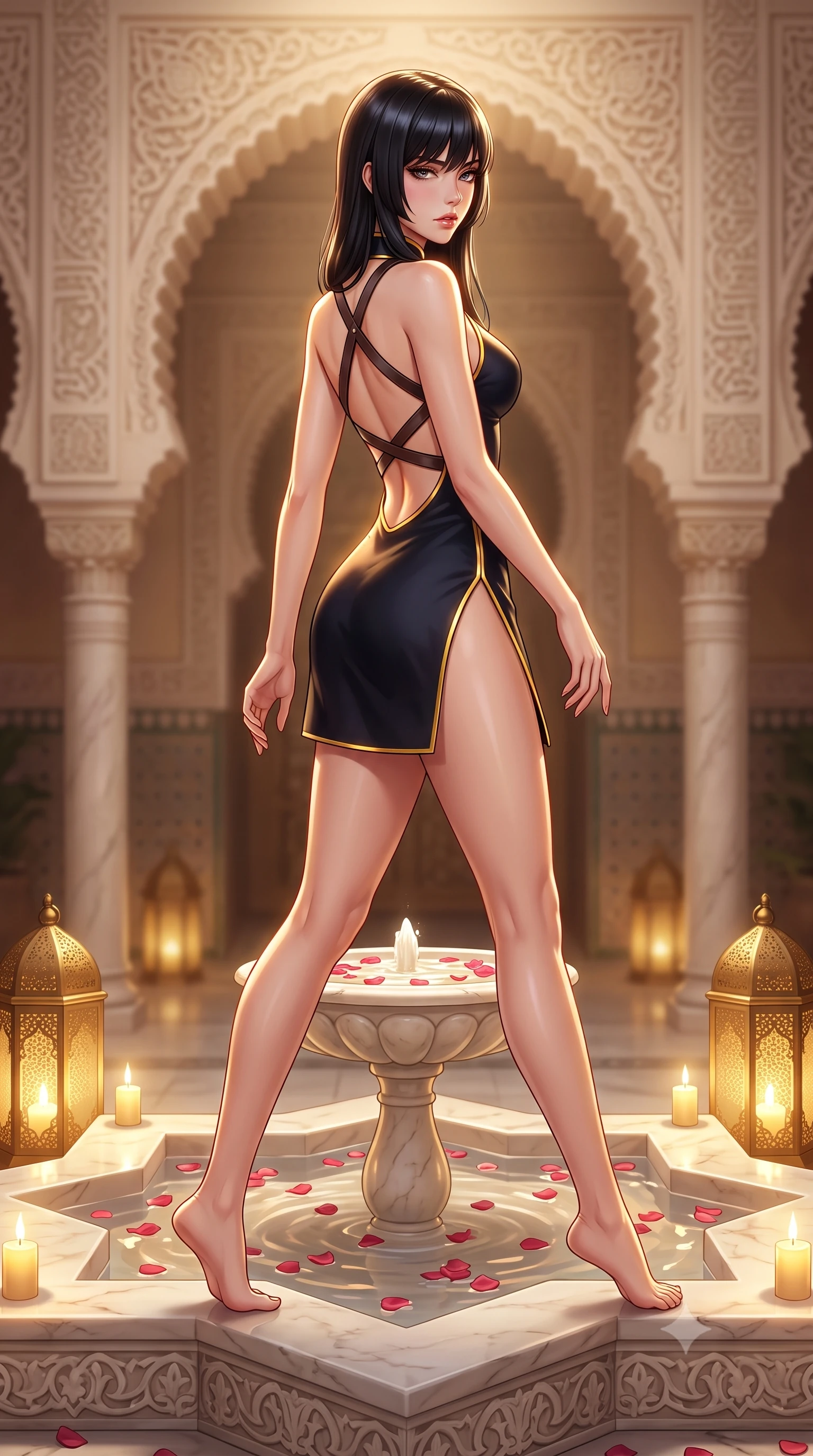 score_9, masterpiece, best quality, ultra-detailed, high-budget anime keyframe, semi-realistic 3D game render, editorial fashion photography, tasteful artistic composition, Caucasian woman. low angle full-body shot from head to toe showing her feet, filling the entire 9:16 vertical frame with her statuesque presence, stretching her vertical silhouette. striding forward in a proud supermodel runway stride, hips swaying in an alluring kinetic rhythm that accentuates her curvy hourglass silhouette while sitting on the edge of the central star-shaped marble fountain filled with floating rose petals, arching her lower back as dappled lantern light traces her curves. The composition keeps background elements in soft focus with creamy bokeh. horseshoe arches and carved plaster arabesques softened in exotic Moroccan shallow focus. She has an exceptionally tall and slender model-like 8.5-heads proportion, an ultra-slim waist, a flat toned midriff, narrow delicate ribcage, and beautifully sculpted feminine hips creating a graceful, slim hourglass silhouette without any bulky heaviness, with impossibly long slender legs. sharp v-shaped jawline, high-bridge nose, intricate jewel-like eyes with depth, thick eyelashes, glossy parted lips with a natural sheen, intensely captivating and seductive bedroom-eyes expression, flawlessly proportioned anatomical accuracy, strict slender model proportions, natural body alignment, perfectly sculpted long slender limbs, ultra-slim waistline, clean dynamic posture without body distortion. wearing a modernized cyber-qipao mini dress with an ultra-high side slit ascending to the hip and glowing piping in midnight obsidian black and liquid gold, tailored from water-resistant treated wool gabardine and flexible stretch silk, featuring an open-back criss-cross harness strap in dark leather, the precision-cut side openings and low-back scoop framing her graceful spine and the sensual sweep of her slim, toned hips. bathed in warm golden candlelight filtering through pierced brass lamps creating delicate lace-like shadow patterns. highly saturated vibrant anime colors, detailed shading with soft gradients, rich glossy textures, high-contrast stereoscopic depth, volumetric dynamic lighting, master piece, 9:16 ratio