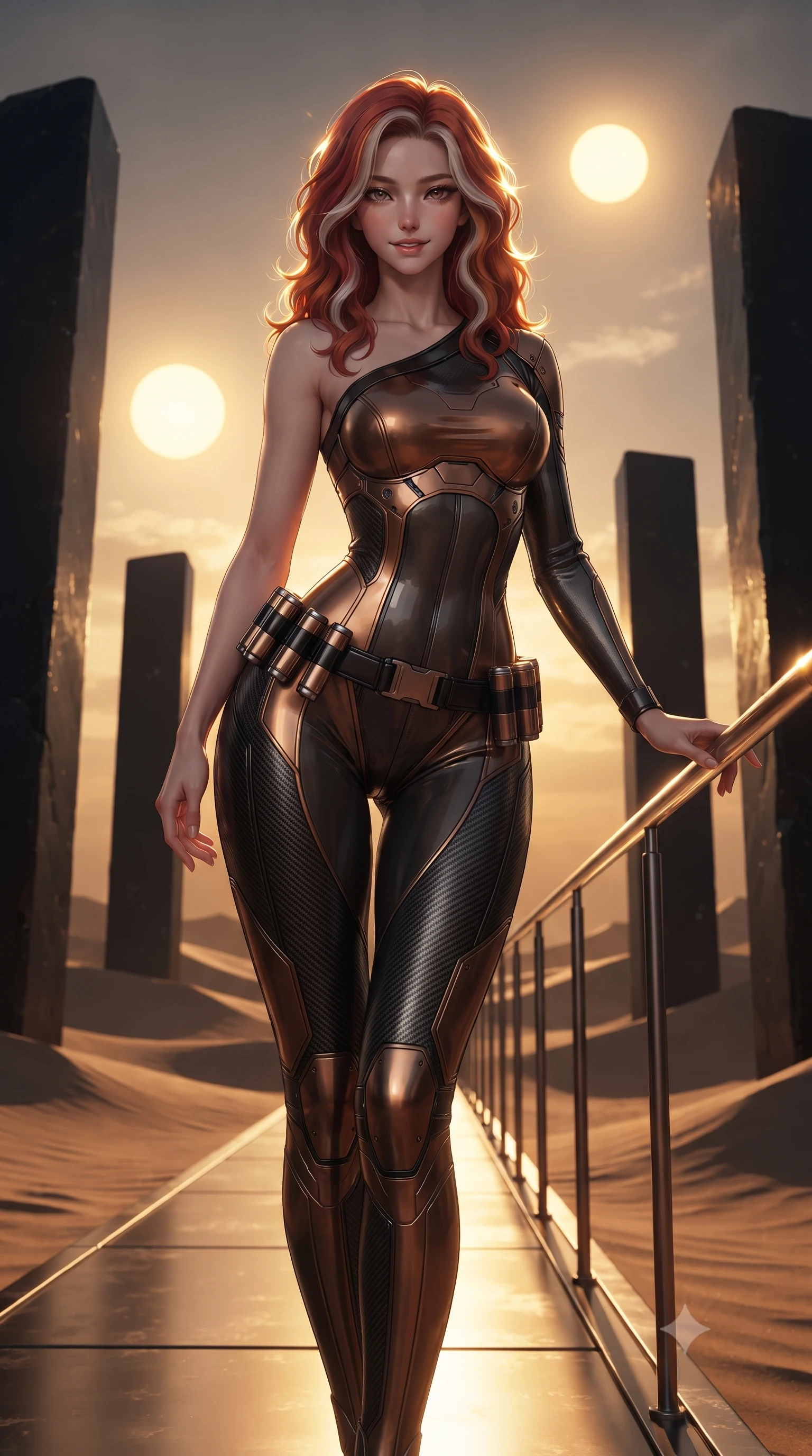 score_9, masterpiece, best quality, ultra-detailed, high-budget anime keyframe, editorial fashion photography, tasteful artistic composition, Caucasian woman. low angle full-body shot from head to toe showing her feet, filling the entire 9:16 vertical frame with her statuesque presence, stretching her vertical silhouette. standing in a tall, confident posture with one hand on a glowing metal railing, stretching her statuesque body as she arches her lower back to emphasize her sculpted feminine hips and slender waist while standing poised between colossal black obsidian monoliths rising from alien dunes, arching her back with sovereign ancient-future grace. The surrounding environment is rendered in vivid detail and crisp panoramic clarity: detailed armor plate texture, golden sunburst highlights on hair, and monumental monolith architecture in razor-sharp clarity. She has an absolutely perfect, statuesque 8.5-heads proportion, an exceptionally tall and slender model-like female figure with impossibly long slender legs, an ultra-slim waist, a flat toned midriff, narrow delicate ribcage, and beautifully sculpted feminine hips creating a graceful, slim hourglass silhouette without any bulky heaviness. sharp v-shaped jawline, high-bridge nose, intricate jewel-like sparkling eyes with depth, thick eyelashes, glossy parted lips with a natural sheen, bright confident smile with an enchanting and coquettish sensual glint, exuding both youthful magnetic charm and sovereign high-tech allure, flawlessly proportioned anatomical accuracy, strict slender model proportions, natural body alignment, perfectly sculpted long slender limbs, ultra-slim waistline, clean dynamic posture without body distortion. wearing an asymmetric one-shoulder combat catsuit with carbon-weave paneling and an open-waist architecture emphasizing her hips in burnished bronze alloy and smoked glass black, crafted from lightweight aerodynamic matte carbon-fiber weave with structural stiffness, accented with a sleek utility belt with polished magnetic canisters resting loosely on her curvy hips, the form-contouring cut accentuating her sculpted flat midriff, narrow delicate ribcage, and gracefully curvy hips with cybernetic supermodel precision. bathed in the warm, dramatic twin-sun sunset light casting long sculptural shadows. ultra-reflective glossy finish, specular highlights, rich textural contrasts, high-contrast stereoscopic depth, volumetric dynamic lighting, 2k, ultra detail, master piece, 9:16 ratio