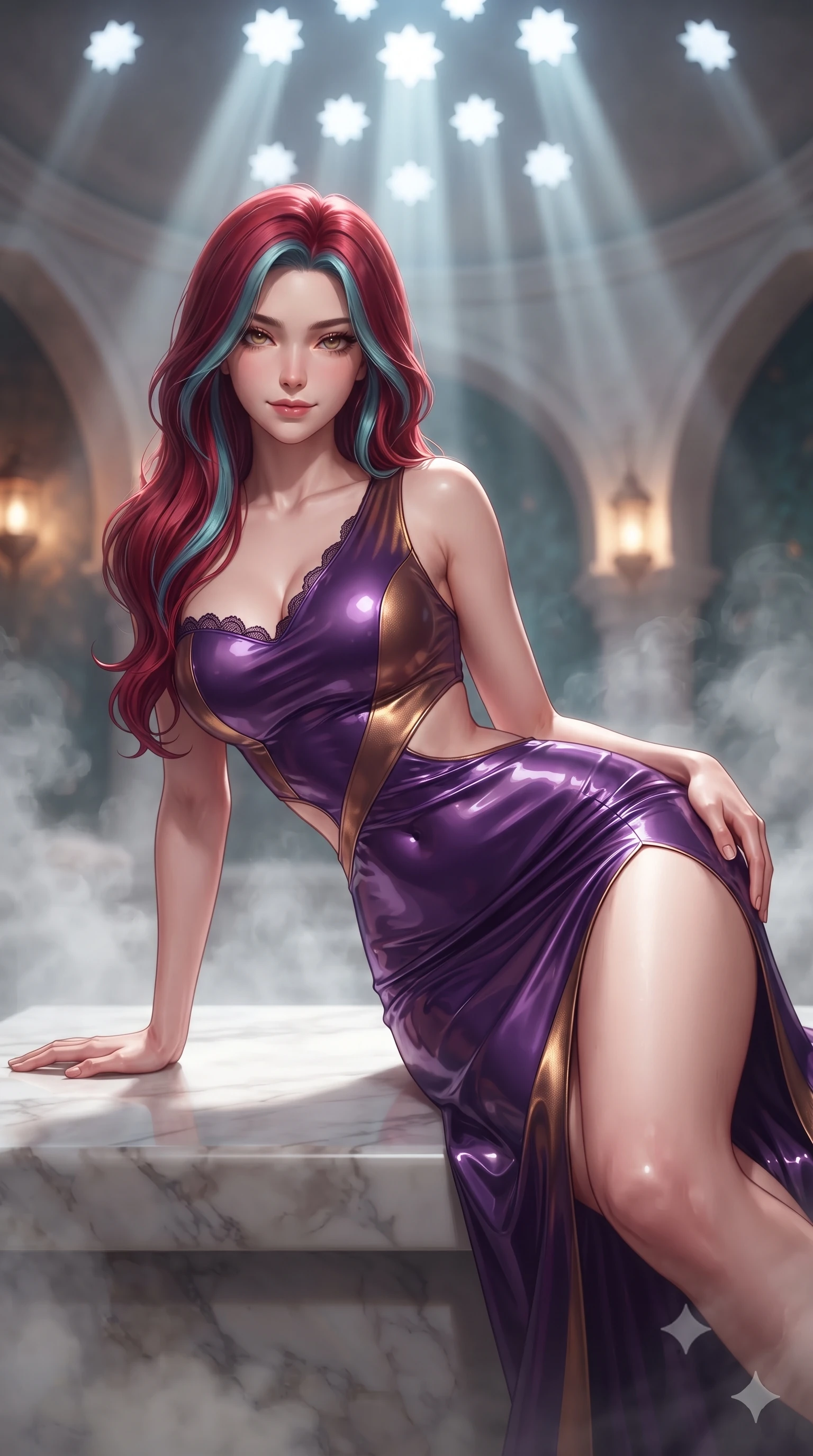 score_9, masterpiece, best quality, ultra-detailed, high-budget anime keyframe, editorial fashion photography, tasteful artistic composition, Caucasian woman. close-up cowboy shot from the waist and thighs up, the character dominates the composition, filling the frame with her large presence. leaning forward while arching her lower back to accentuate her curvy hips, looking into the camera with an intoxicating smoldering gaze and bedroom-eyes while lounging gracefully across the heated marble bench propped on one hand, her statuesque 8.5-heads silhouette radiating intimate oriental wellness indulgence. The background shows a soft-focus billowing eucalyptus steam clouds, pierced star-shaped glass openings in domed ceiling casting beams of light, and vaulted arches blurred into pearl, turquoise, and amber bokeh. She has an exceptionally elegant, slender, and willowy female figure with an ultra-slim waist, flat toned midriff, narrow ribcage, and sculpted feminine hips creating an alluring, slim hourglass silhouette without bulk. sharp v-shaped jawline, high-bridge nose, sparkling eyes with hypnotic seductive depth, thick curled eyelashes, glossy parted lips with a natural dewy peach sheen, alluring bedroom-eyes with an enchanting coquettish smile, exuding magnetic siren charisma and sophisticated glamour, flawlessly proportioned anatomical accuracy, strict slender model proportions, natural body alignment, perfectly sculpted long slender limbs, ultra-slim waistline, clean dynamic posture without body distortion. wearing an asymmetric one-shoulder liquid jersey gown with dramatic hip-high slit and sculptural waist cutout in royal amethyst purple and gilded bronze, crafted from wet-look high-gloss vinyl fabric with dazzling specular surface reflections, finished with scalloped eyelash lace trim framing her sweetheart neckline with intimate elegance, the precision-cut side openings and low-back scoop framing her graceful spine and the sensual sweep of her slim, toned hips. bathed in ethereal light shafts streaming downward through star-shaped ceiling penetrations combined with warm lantern uplights. ultra-reflective glossy finish, specular highlights, rich textural contrasts, high-contrast stereoscopic depth, volumetric dynamic lighting, 2k, ultra detail, master piece, 9:16 ratio