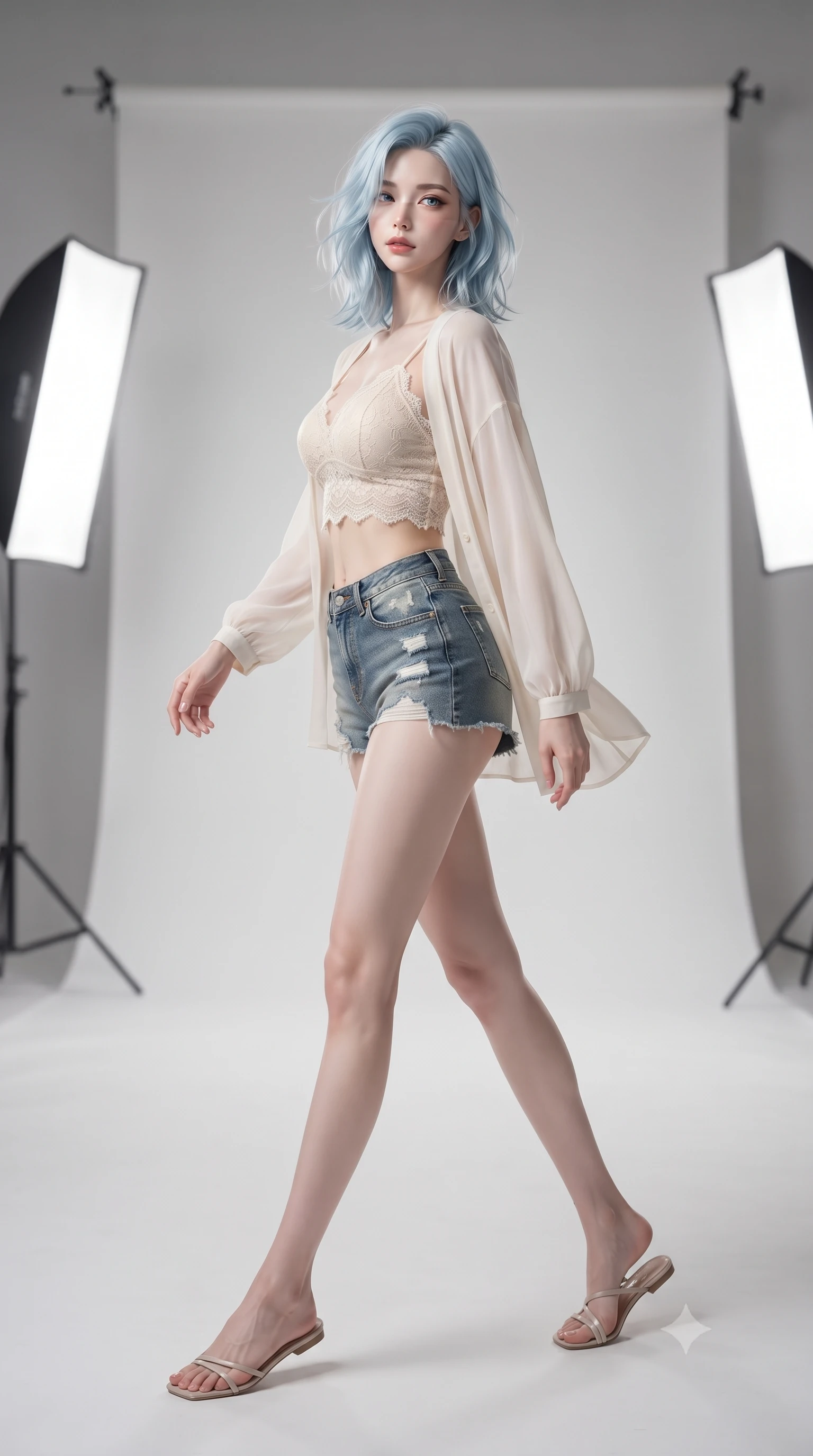 score_9, masterpiece, best quality, ultra-detailed, high-budget anime keyframe, editorial fashion photography, tasteful artistic composition, Korean woman. low angle full-body shot from head to toe showing her feet, filling the entire 9:16 vertical frame with her statuesque presence, stretching her vertical silhouette. stepping gracefully while looking back over her shoulder, her dress draped tightly to reveal her silhouette the background shows a soft-focus a minimalist fashion photo studio with white backdrop cyc wall and softbox lights. She has an absolutely perfect, statuesque 8.5-heads proportion, an exceptionally tall and slender model-like female figure with impossibly long slender legs and an ultra-slim waist. sharp v-shaped jawline, high-bridge nose, intricate jewel-like eyes with depth, thick eyelashes, glossy lips with a natural sheen. wearing a body-hugging delicate lace crop top in cream, worn under a semi-opaque chiffon cardigan and denim shorts. soft diffused key light with a subtle silver rim highlight on her hair. ultra-reflective glossy finish, specular highlights, metallic sheen, high-contrast stereoscopic depth, volumetric dynamic lighting, 2k, ultra detail, master piece, 9:16 ratio