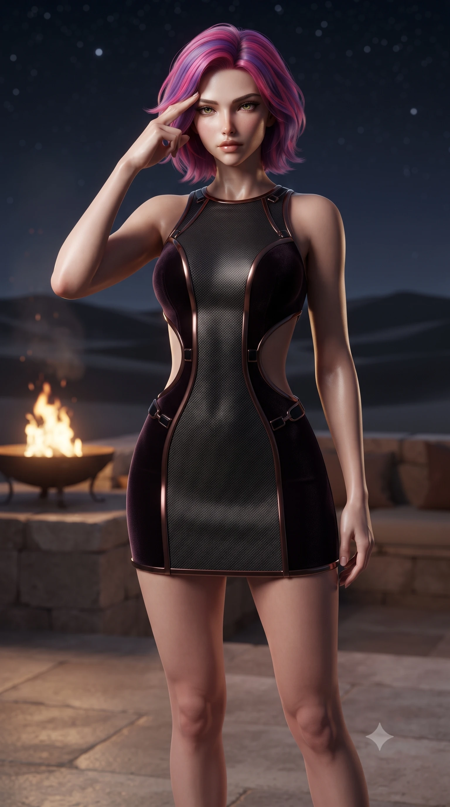 score_9, masterpiece, best quality, ultra-detailed, high-budget anime keyframe, editorial fashion photography, tasteful artistic composition, Caucasian woman. close-up cowboy shot from the waist and thighs up, the character dominates the composition, filling the frame with her large presence, background elements kept in soft focus. Pressing two fingers to her temple in a composed, sharp thoughtful gesture, standing on an open-air stone terrace of a private desert villa under a starry sky, dark desert sand dunes stretching silently into a pitch-black starry sky. She has an exceptionally elegant, slender, and willowy female figure with an ultra-slim waist, a gracefully sculpted slender torso, and a refined silhouette. sharp v-shaped jawline, high-bridge nose, intricate jewel-like eyes with depth, thick eyelashes, glossy lips with a natural sheen. wearing dramatic architectural open-waist cutout mini dress in dark velvet framed by chrome hardware in dark mahogany, made of matte carbon-fiber weave, adorned with minimalist black onyx hardware framing the silhouette, contouring every curve with an exceptionally elegant silhouette. illuminated by warm flickering brazier rays and cold silver starlight from above. ultra-reflective glossy finish, specular highlights, metallic sheen, high-contrast stereoscopic depth, volumetric dynamic lighting, 2k, ultra detail, master piece, 9:16 ratio