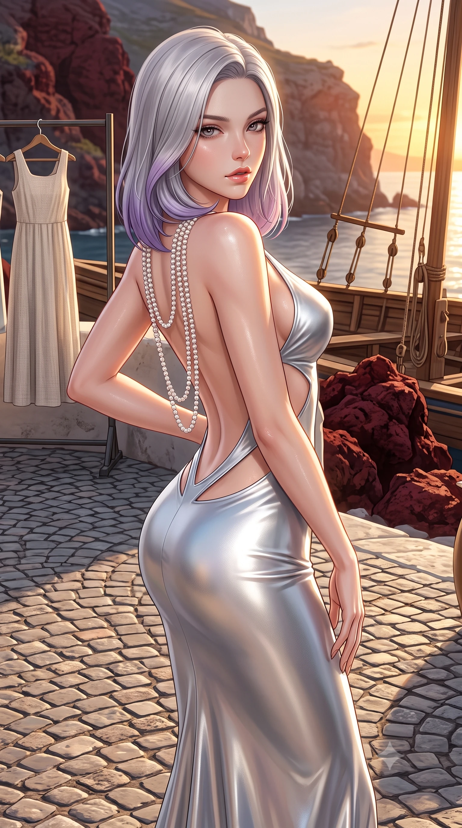 score_9, masterpiece, best quality, ultra-detailed, high-budget anime keyframe, semi-realistic 3D game render, editorial fashion photography, tasteful artistic composition, Caucasian woman. close-up cowboy shot from the waist and thighs up, the character dominates the composition, filling the frame with her large presence. leaning back with relaxed seductive grace, her sculpted collarbones and narrow waist highlighted as she casts smoldering bedroom-eyes directly into the camera while standing poised on the cobblestone taverna terrace, twisting her slender torso in an alluring contrapposto stance as the evening Aegean breeze flutters her dress. The surrounding environment is rendered in vivid detail and crisp panoramic clarity. detailed linen sundress weave, sun-dappled skin highlights, and wooden boat rigging in high resolution. She has an exceptionally elegant, slender, and willowy female figure with an ultra-slim waist, flat toned midriff, narrow ribcage, and sculpted feminine hips creating an alluring, slim hourglass silhouette without bulk. sharp v-shaped jawline, high-bridge nose, intricate jewel-like eyes with depth, thick eyelashes, glossy parted lips with a natural sheen, intensely captivating and seductive bedroom-eyes expression, flawlessly proportioned anatomical accuracy, strict slender model proportions, natural body alignment, perfectly sculpted long slender limbs, ultra-slim waistline, clean dynamic posture without body distortion. wearing a sculptured liquid-satin mermaid gown with an architectural open-waist cutout and bare spine in shimmering silver mercury and pearl white, crafted from luxurious metallic lamé that shifts radiance with every step, accented with a multi-strand pearl back necklace cascading down her bare spine to her hips, the glove-like aerodynamic silhouette tightly following the natural contour of her hips and long slender legs with statuesque 8.5-heads elegance. bathed in intense golden hour Aegean sunset glow reflecting off deep red volcanic rocks. highly saturated vibrant anime colors, detailed shading with soft gradients, rich glossy textures, high-contrast stereoscopic depth, volumetric dynamic lighting, master piece, 9:16 ratio
