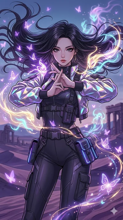score_9, masterpiece, best quality, ultra-detailed, high-budget anime movie keyframe, cinematic anime lighting, intricate line art, Japanese woman. Medium shot of upper body capturing the intricate details of her high-fashion attire. summoning mystic