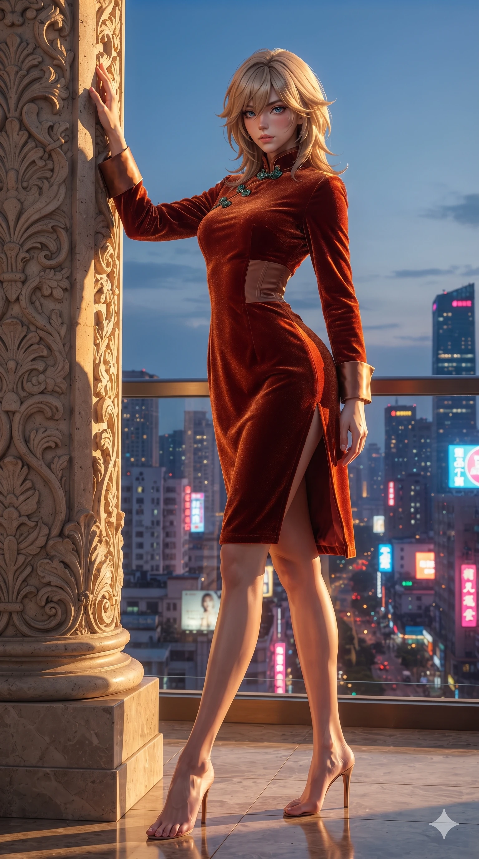 score_9, masterpiece, best quality, ultra-detailed, high-budget anime keyframe, editorial fashion photography, tasteful artistic composition, Japanese woman. low angle full-body shot from head to toe showing her feet, filling the entire 9:16 vertical frame with her statuesque presence, stretching her vertical silhouette. standing tall beside the carved palazzo column, one hand resting high while arching her lower back to emphasize her sculpted feminine hips and slender waist while twisting her slender torso in an alluring S-curve, intense golden sunlight and evening city neon painting sharp highlights along her flat midriff and hourglass curves. The surrounding environment is rendered in vivid detail and crisp panoramic clarity: detailed semi-translucent wrap dress tailoring, fine metallic embroidery, and high-altitude luxury architecture in razor-sharp precision. She has an exceptionally tall and slender model-like 8.5-heads proportion, an ultra-slim waist, a flat toned midriff, narrow delicate ribcage, and beautifully sculpted feminine hips creating a graceful, slim hourglass silhouette without any bulky heaviness, with impossibly long slender legs. sharp v-shaped jawline, high-bridge nose, intricate jewel-like sparkling eyes with depth, thick eyelashes, glossy parted lips with a natural sheen, intensely captivating and seductive bedroom-eyes expression, exuding both youthful cute charm and sovereign luxury allure, flawlessly proportioned anatomical accuracy, strict slender model proportions, natural body alignment, perfectly sculpted long slender limbs, ultra-slim waistline, clean dynamic posture without body distortion. wearing a tailored high-collar velvet evening coat dress with structural waist cinching and satin cuff accents in imperial vermilion silk and warm bronze, woven from high-density tech-wool with subtle metallic thread weave, finished with sleek jade frog closures glinting along her high collar, the impeccably tailored cut draping gracefully along her slender figure with aristocratic poise. bathed in the blinding, warm 2200K golden-hour rays of the setting sun casting brilliant specular highlights along her silhouette. ultra-reflective glossy finish, specular highlights, rich textural contrasts, high-contrast stereoscopic depth, volumetric dynamic lighting, 2k, ultra detail, master piece, 9:16 ratio