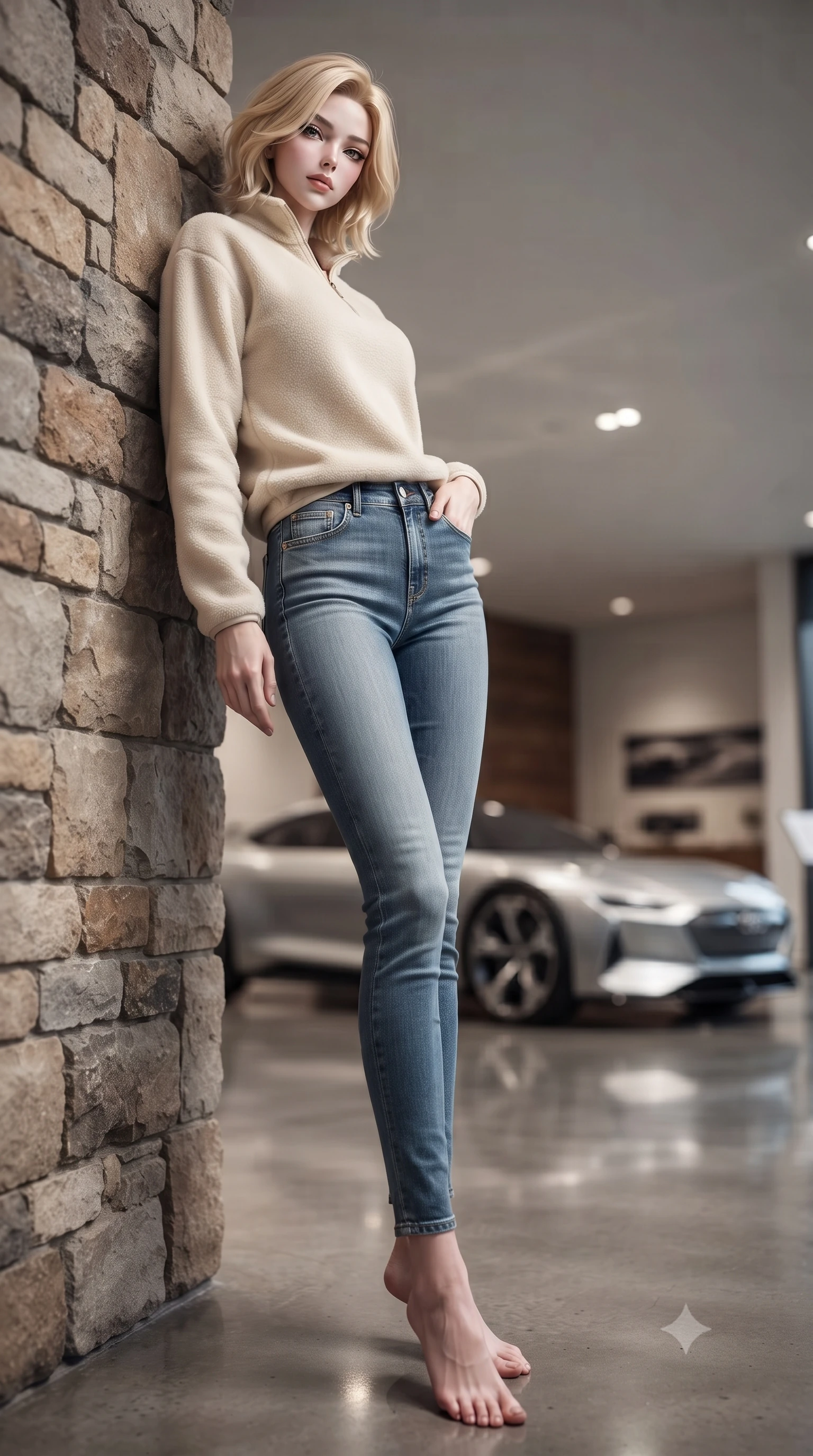 score_9, masterpiece, best quality, ultra-detailed, high-budget anime keyframe, editorial fashion photography, tasteful artistic composition, Caucasian woman. low angle full-body shot from head to toe showing her feet, filling the entire 9:16 vertical frame with her statuesque presence, stretching her vertical silhouette. leaning back against a rustic stone wall, casting a slow, alluring gaze at the camera the background shows a soft-focus an indoor showroom with polished concrete floors reflecting a silver concept car. She has an absolutely perfect, statuesque 8.5-heads proportion, an exceptionally tall and slender model-like female figure with impossibly long slender legs and an ultra-slim waist. sharp v-shaped jawline, high-bridge nose, intricate jewel-like eyes with depth, thick eyelashes, glossy lips with a natural sheen. wearing a tailored comfortable cream fleece sweater over blue denim jeans. soft spotlighting highlighting the metallic sheen and glossy finish of the outfit. ultra-reflective glossy finish, specular highlights, metallic sheen, high-contrast stereoscopic depth, volumetric dynamic lighting, 2k, ultra detail, master piece, 9:16 ratio