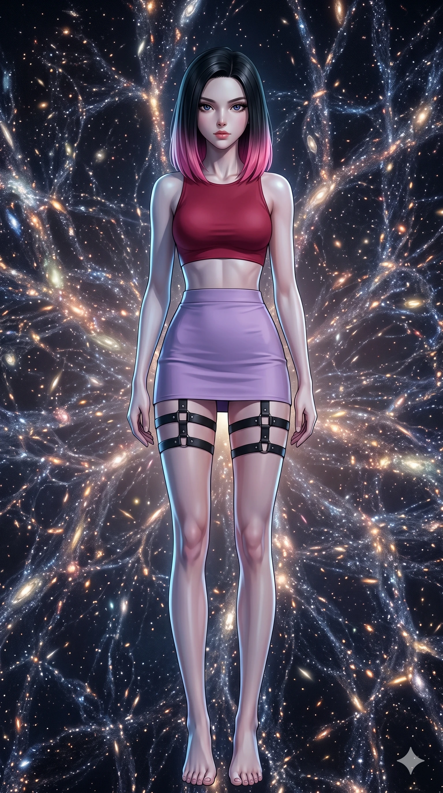 score_9, masterpiece, best quality, ultra-detailed, high-budget anime keyframe, editorial fashion photography, tasteful artistic composition, Korean woman. low angle full-body shot from head to toe showing her feet, filling the entire 9:16 vertical frame with her statuesque presence, stretching her vertical silhouette. navigating with fluid motion through at the grand intersection point of cosmic web filaments where streams of thousands of galaxies flow in luminous rivers along dark matter scaffolding the largest structure in the universe made visible. She has a statuesque 8.5-heads proportion, an exceptionally tall, slender and willowy model-like build with impossibly long legs and a highly sculpted ultra-slim waist. sharp v-shaped jawline, high-bridge nose, intricate jewel-like eyes with depth, thick eyelashes, glossy lips with a natural sheen. wearing a matte crimson crop top paired with matching high-waist lavender mini skirt and black leather thigh straps. soft glowing ambient light with sharp side key light tracing the sleek contours of her figure. 2k, ultra detail, master piece, 9:16 ratio