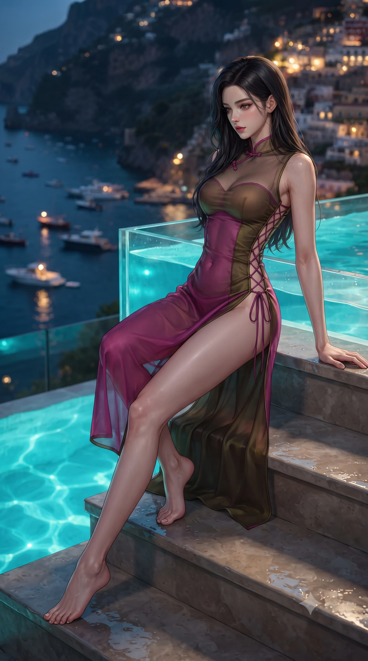 score_9, masterpiece, best quality, ultra-detailed, high-budget anime keyframe, editorial fashion photography, tasteful artistic composition, Korean woman. low angle full-body shot from head to toe showing her feet, filling the entire 9:16 vertical frame with her statuesque presence, stretching her vertical silhouette. sitting poised on the stone steps with one knee bent, arching her spine with supermodel elegance as she glances upward through thick eyelashes while leaning against the clear acrylic infinity rim with hips cocked back, looking down at illuminated fishing boats in the dark bay with smoldering bedroom-eyes. The background shows a soft-focus underwater pool LEDs softened in iconic Amalfi Coast luxury shallow focus. She has an exceptionally tall and slender model-like 8.5-heads proportion, an ultra-slim waist, a flat toned midriff, narrow delicate ribcage, and beautifully sculpted feminine hips creating a graceful, slim hourglass silhouette without any bulky heaviness, with impossibly long slender legs. sharp v-shaped jawline, high-bridge nose, intricate jewel-like sparkling eyes with depth, thick eyelashes, glossy parted lips with a natural peach sheen, bright cheerful beaming smile with an enchanting and coquettish sensual glint, exuding both youthful cute charm and seductive allure, flawlessly proportioned anatomical accuracy, strict slender model proportions, natural body alignment, perfectly sculpted long slender limbs, ultra-slim waistline, clean dynamic posture without body distortion. wearing a provocative sheer silk organza modern qipao dress with dramatic hip-high side slits and translucent mesh frog-button bodice in Ravello bougainvillea magenta and deep olive bronze, made of fluid liquid jersey with seamless sculpting hold and smooth contours, featuring fine criss-cross lace-up side ties revealing tantalizing glimpses of her hip curve, the high-slit wrap tailoring accentuating her ultra-slim waistline and the enchanting curve of her feminine hips with alluring seductive charm. bathed in electric underwater pool turquoise LEDs contrasted with warm golden village lights and Mediterranean moonlight. ultra-reflective glossy finish, specular highlights, rich textural contrasts, high-contrast stereoscopic depth, volumetric dynamic lighting, 2k, ultra detail, master piece, 9:16 ratio