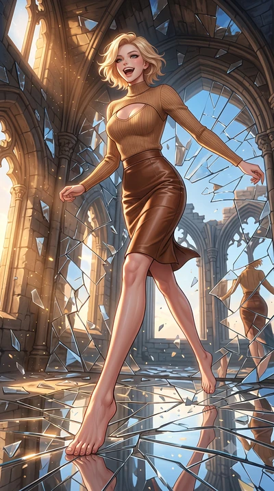 score_9, masterpiece, best quality, ultra-detailed, high-budget anime keyframe, editorial fashion photography, tasteful artistic composition, Caucasian woman, strictly human ears. low angle full-body shot from head to toe showing her feet, filling th