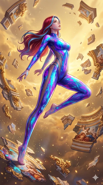 score_9, masterpiece, best quality, ultra-detailed, high-budget anime keyframe, Korean woman. low angle full-body shot filling the entire 9:16 frame with her statuesque presence, stretching the vertical silhouette. propelling herself off digital baro