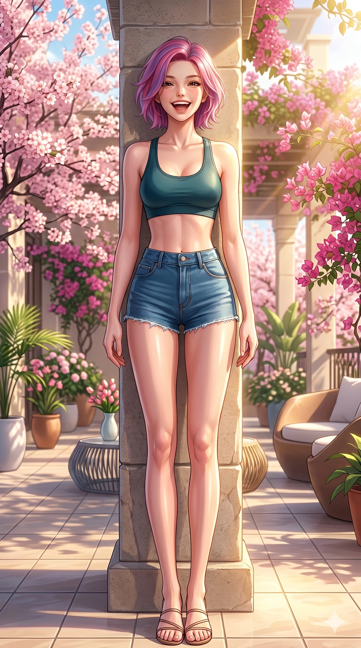 score_9, masterpiece, best quality, ultra-detailed, high-budget anime keyframe, vibrant anime aesthetic, Caucasian woman, strictly human ears. low angle full-body shot from head to toe showing her feet, filling the entire 9:16 vertical frame with her statuesque presence, stretching her vertical silhouette. She is posing with a cheerful laugh, looking directly into the lens with warm eyes inside a luxury boutique resort patio with pink blossoms (Code-P20-042). She has an absolutely perfect 8-heads proportion, an exceptionally tall and slender female figure with impossibly long slender legs and an ultra-slim waist. V-shaped jawline, high-bridge nose, intricate jewel-like eyes with depth, thick eyelashes, glossy lips with a natural sheen. wearing a sleek sports bra paired with high-waist denim micro-shorts. She is drenched in bright, golden afternoon sunshine that illuminates the spring flowers. 2k, ultra detail, master piece, 9:16 ratio