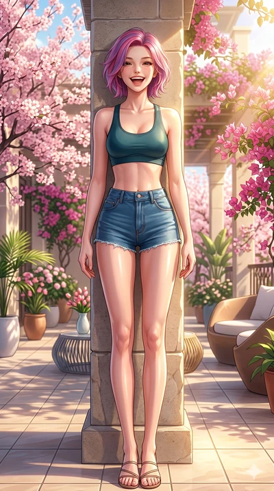 score_9, masterpiece, best quality, ultra-detailed, high-budget anime keyframe, vibrant anime aesthetic, Caucasian woman, strictly human ears. low angle full-body shot from head to toe showing her feet, filling the entire 9:16 vertical frame with her