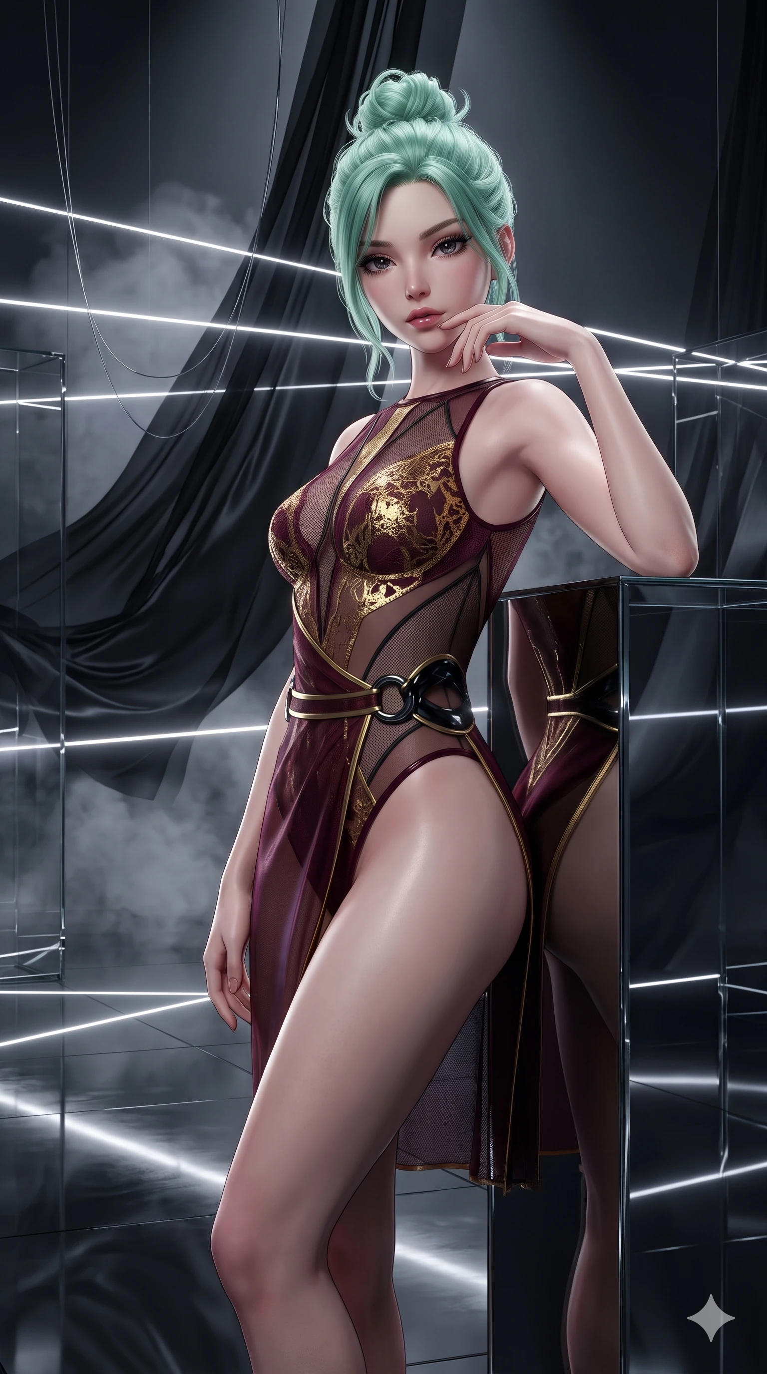score_9, masterpiece, best quality, ultra-detailed, high-budget anime keyframe, semi-realistic 3D game render, editorial fashion photography, tasteful artistic composition, Japanese woman. close-up cowboy shot from the waist and thighs up, the character dominates the composition, filling the frame with her large presence. resting her chin on the backs of her fingers with an air of effortless superiority and parted glossy lips while leaning back against the mirror-finish gallery pylon with hips cocked back, casting an intoxicating, sultry bedroom-gaze over her shoulder. The surrounding environment is rendered in vivid detail and crisp panoramic clarity: sharp sheer silk weave translucency, hanging monofilament wire lines, and mirror-polished floor clarity in deep focus. She has an exceptionally elegant, slender, and willowy female figure with an ultra-slim waist, flat toned midriff, narrow ribcage, and sculpted feminine hips creating an alluring, slim hourglass silhouette without bulk. sharp v-shaped jawline, high-bridge nose, intricate jewel-like dark sparkling eyes with hypnotic seductive depth, thick curled eyelashes, glossy parted lips with a natural wine sheen, alluring bedroom-eyes with an enigmatic smoldering smile, exuding magnetic sovereign charisma and dark avant-garde glamour, flawlessly proportioned anatomical accuracy, strict slender model proportions, natural body alignment, perfectly sculpted long slender limbs, ultra-slim waistline, clean dynamic posture without body distortion. wearing a provocative sheer-illusion nanotech lace bodysuit with strategic metallic foil flocking and high-cut leg openings in deep wine burgundy and lustrous gold foil, crafted from fine dark contouring mesh with sheer geometric transparency, accented with sculpted obsidian chrome rings at the waist, the high-slit wrap tailoring accentuating her ultra-slim waistline and the enchanting curve of her feminine hips with alluring seductive charm. bathed in razor-thin horizontal white laser sheets slicing through billowing black silk. highly saturated vibrant anime colors, detailed shading with soft gradients, rich glossy textures, high-contrast stereoscopic depth, volumetric dynamic lighting, master piece, 9:16 ratio