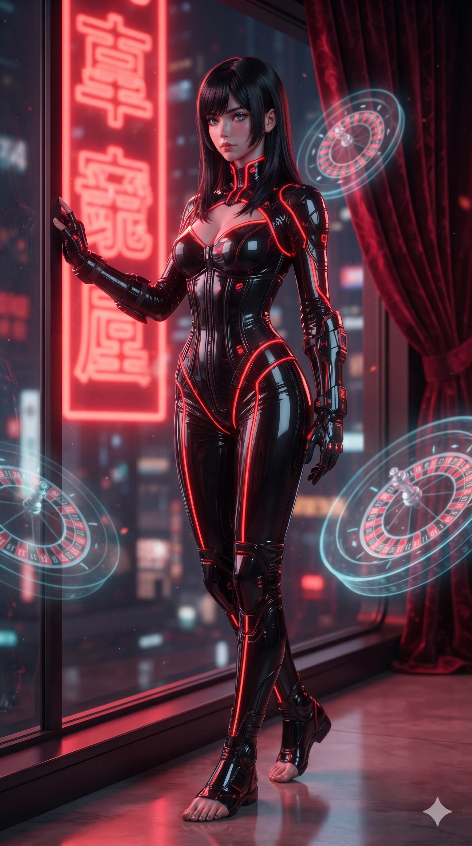 score_9, masterpiece, best quality, ultra-detailed, high-budget anime keyframe, editorial fashion photography, tasteful artistic composition, Caucasian woman. low angle full-body shot from head to toe showing her feet, filling the entire 9:16 vertical frame with her statuesque presence, stretching her vertical silhouette. posing in a classic haute-couture S-curve stance beside the panoramic viewport, looking over a bare shoulder with magnetic presence while lounging in a plush scarlet velvet VIP booth propped on one elbow with legs crossed, flashing an intoxicating smile with parted glossy lips. The background shows a soft-focus massive vertical scarlet neon kanji signs, floating holographic roulette wheels, and plush velvet curtains blurred into deep scarlet, vermilion, and obsidian bokeh. She has an absolutely perfect, statuesque 8.5-heads proportion, an exceptionally tall and slender model-like female figure with impossibly long slender legs, an ultra-slim waist, a flat toned midriff, narrow delicate ribcage, and beautifully sculpted feminine hips creating a graceful, slim hourglass silhouette without any bulky heaviness. sharp v-shaped jawline, high-bridge nose, intricate jewel-like sparkling eyes with depth, thick eyelashes, glossy parted lips with a natural sheen, bright confident smile with an enchanting and coquettish sensual glint, exuding both youthful magnetic charm and sovereign high-tech allure, flawlessly proportioned anatomical accuracy, strict slender model proportions, natural body alignment, perfectly sculpted long slender limbs, ultra-slim waistline, clean dynamic posture without body distortion. wearing a form-fitting zero-gravity EVA jumpsuit with an ultra-slim corseted waist and exposed clavicle line in midnight black lacquer and vibrant scarlet neon, made of fluid liquid jersey with seamless sculpting hold and smooth contours, finished with polished chrome buckle hardware and modular magnetic holster clasps, the impeccably tailored cut draping gracefully along her slender figure with aristocratic poise. illuminated by glowing table surfaces and sharp scarlet rim lights carving her sculpted collarbones, ultra-slim waist, and curvy hips. ultra-reflective glossy finish, specular highlights, rich textural contrasts, high-contrast stereoscopic depth, volumetric dynamic lighting, 2k, ultra detail, master piece, 9:16 ratio