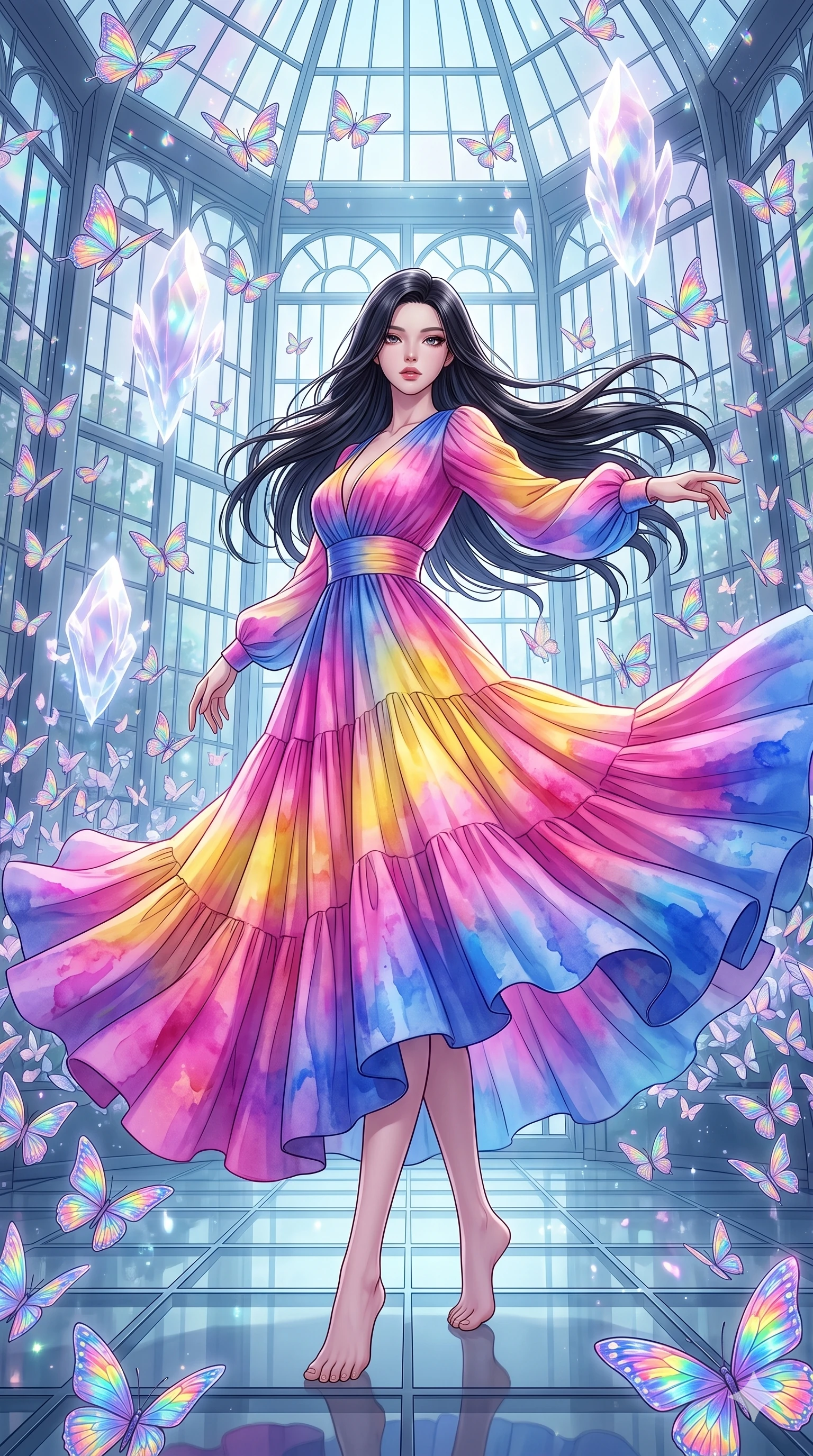 score_9, masterpiece, best quality, ultra-detailed, high-budget anime keyframe, editorial fashion photography, tasteful artistic composition, Korean woman. low angle full-body shot from head to toe showing her feet, filling the entire 9:16 vertical frame with her statuesque presence, stretching her vertical silhouette. dancing with weightless grace through a soaring glass conservatory filled with thousands of holographic butterflies made of pure structured light their wings projecting miniature rainbow patterns as they flutter in organized swarms. She has a statuesque 8.5-heads proportion, an exceptionally tall, slender and willowy model-like build with impossibly long legs and a highly sculpted ultra-slim waist. sharp v-shaped jawline, high-bridge nose, intricate jewel-like eyes with depth, thick eyelashes, glossy lips with a natural sheen. wearing a flowing tiered maxi dress in a vibrant watercolor gradient of magenta, sunshine yellow, and cobalt blue, featuring long blouson sleeves. ethereal pearlescent light emanating from floating crystalline formations all around. 2k, ultra detail, master piece, 9:16 ratio