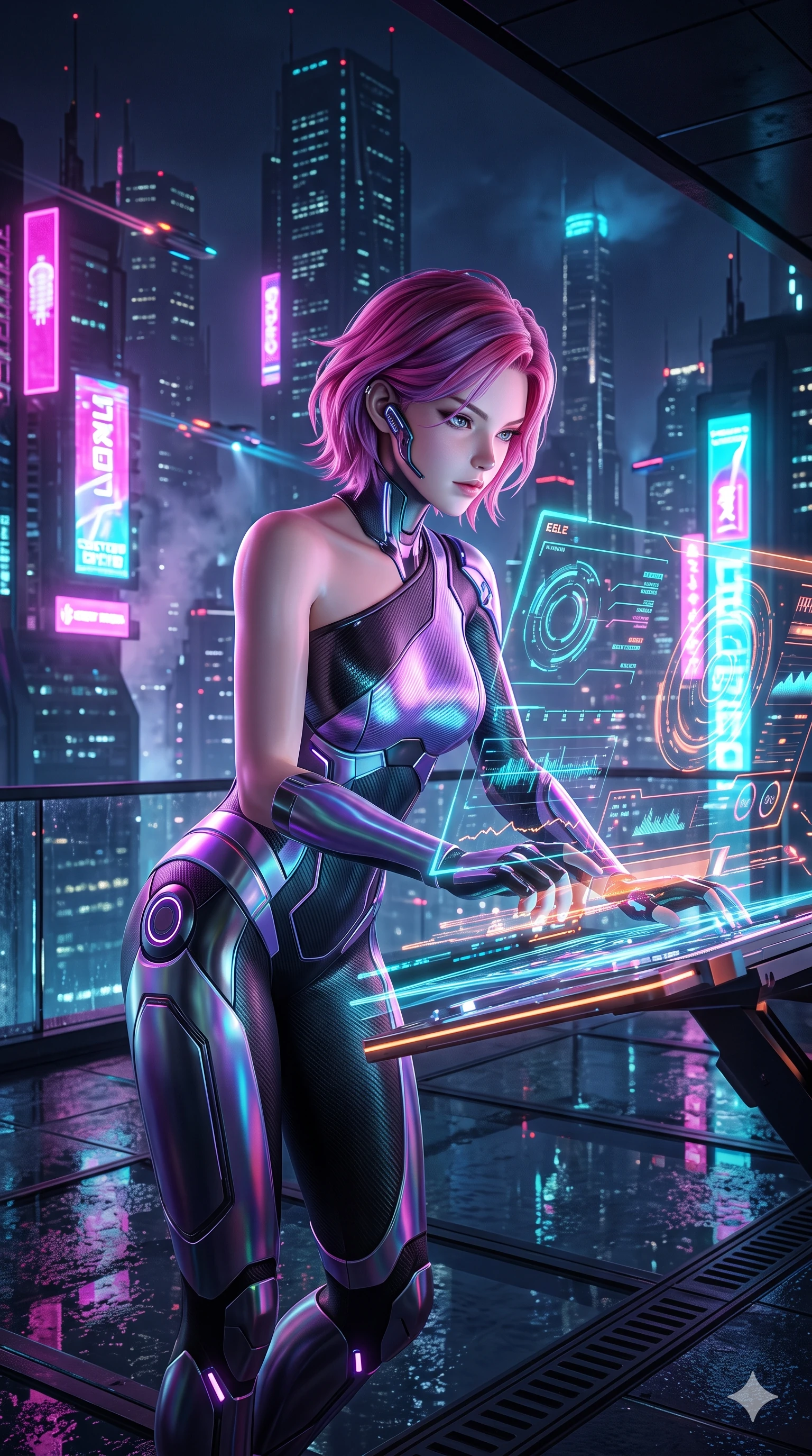 score_9, masterpiece, best quality, ultra-detailed, high-budget anime keyframe, semi-realistic 3D game render, editorial fashion photography, tasteful artistic composition, Caucasian woman. close-up cowboy shot from the waist and thighs up, the character dominates the composition, filling the frame with her large presence. leaning forward over the holographic console while arching her lower back to accentuate her curvy hips, looking into the camera with an intoxicating smoldering bedroom-gaze while lounging comfortably in an exterior plush daybed propped on one elbow with legs crossed, radiating effortless siren charm amidst the neon night. The surrounding environment is rendered in vivid detail and crisp panoramic clarity: sharp neon signage glass tube reflections, wet terrace glass floor reflections, and floating digital card suits in deep focus. She has an exceptionally elegant, slender, and willowy female figure with an ultra-slim waist, flat toned midriff, narrow ribcage, and sculpted feminine hips creating an alluring, slim hourglass silhouette without bulk. sharp v-shaped jawline, high-bridge nose, intricate jewel-like sparkling eyes with depth, thick eyelashes, glossy parted lips with a natural sheen, bright confident smile with an enchanting and coquettish sensual glint, exuding both youthful magnetic charm and sovereign high-tech allure, flawlessly proportioned anatomical accuracy, strict slender model proportions, natural body alignment, perfectly sculpted long slender limbs, ultra-slim waistline, clean dynamic posture without body distortion. wearing an asymmetric one-shoulder combat catsuit with carbon-weave paneling and an open-waist architecture emphasizing her hips in iridescent dark chrome and holographic violet, crafted from lightweight aerodynamic matte carbon-fiber weave with structural stiffness, accented with a chrome-drop body harness subtly framing her dewy collarbones and spine, the glove-like clinging cut tightly following the natural contour of her hips and long slender legs with youthful 8.5-heads elegance. bathed in the vibrant, highly saturated glow of magenta, electric cyan, and ultraviolet neon billboards. highly saturated vibrant anime colors, detailed shading with soft gradients, rich glossy textures, high-contrast stereoscopic depth, volumetric dynamic lighting, master piece, 9:16 ratio