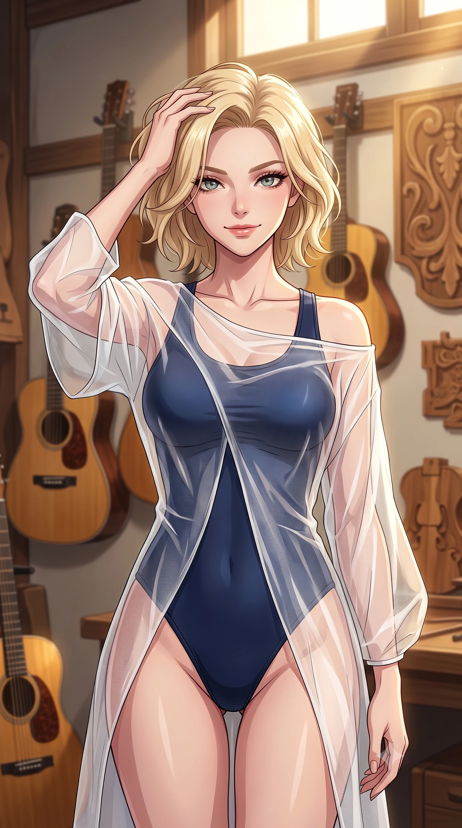 score_9, masterpiece, best quality, ultra-detailed, high-budget anime keyframe, tasteful artistic composition, Caucasian woman. close-up cowboy shot from the waist and thighs up, the character dominates the composition, filling the frame with her large presence, background elements kept in soft focus. smiling with quiet, magnetic self-assurance directly into the camera, running a hand through her hair the background shows a soft-focus a high-end instrument workshop with acoustic guitars and wood carvings hanging on the wall. She has an exceptionally elegant, slender, and willowy female figure with an ultra-slim waist, a gracefully sculpted slender torso, and a refined silhouette. sharp v-shaped jawline, high-bridge nose, intricate jewel-like eyes with depth, thick eyelashes, glossy lips with a natural sheen. wearing a body-hugging sheer white organza resort cover-up worn over a form-fitting one-piece swimsuit, showing her elegant clavicle lines. warm afternoon sunlight filtering through a high window, highlighting wood grains. highly saturated vibrant anime colors, cel-shading, 2d style, master piece, 9:16 ratio