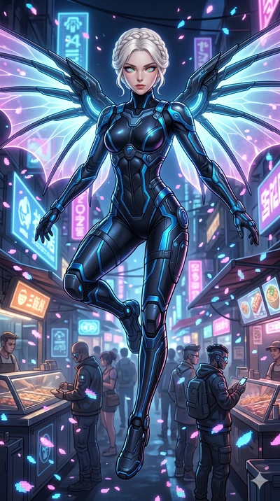 score_9, masterpiece, best quality, ultra-detailed, Set A: High-budget Anime Keyframe, Japanese woman. Low angle cowboy shot filling the entire 9:16 frame with her statuesque presence. Leaping through a futuristic night market, while her eyes glow wi