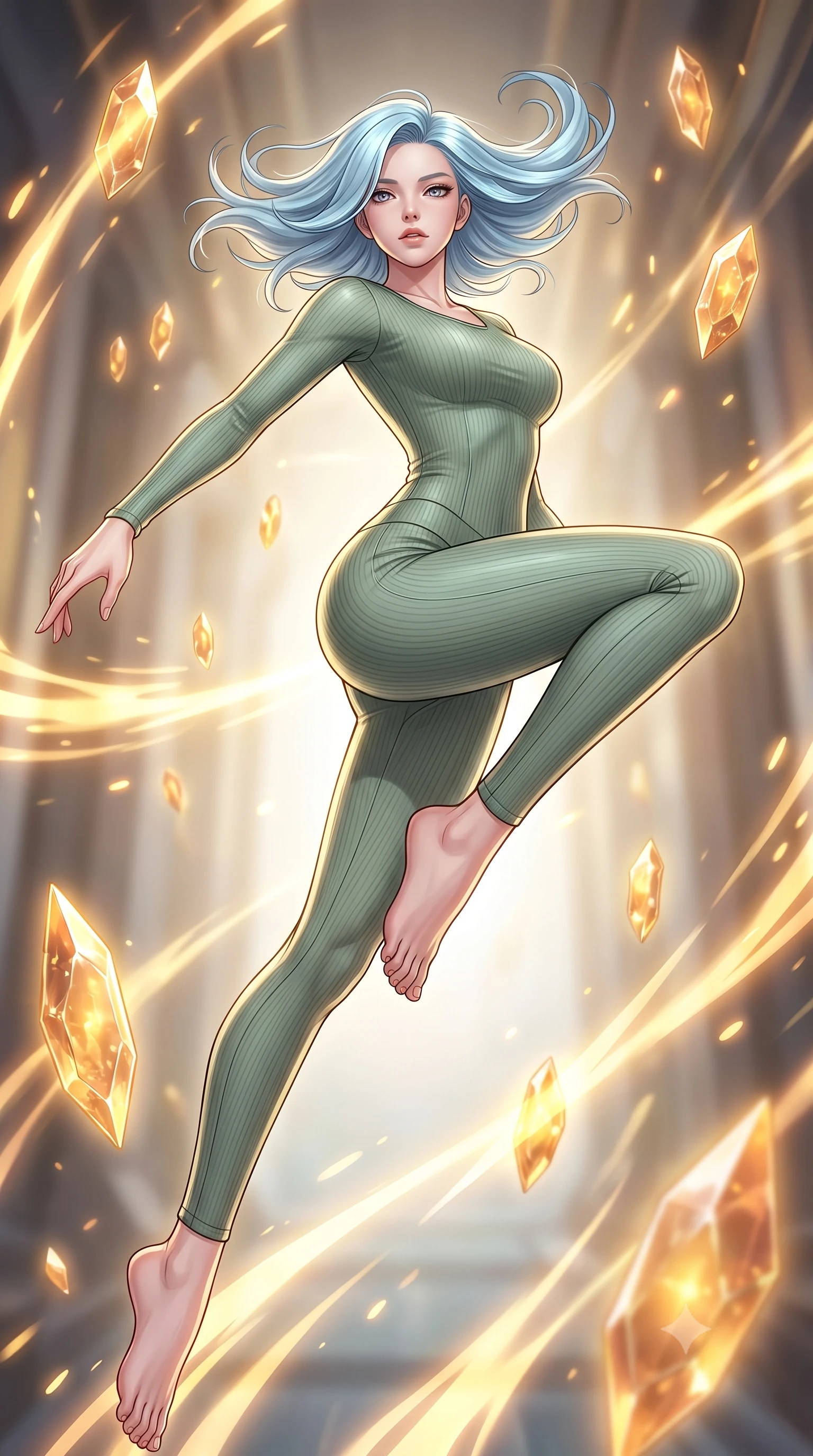 score_9, masterpiece, best quality, ultra-detailed, high-budget anime keyframe, editorial fashion photography, tasteful artistic composition, Korean woman woman. low angle full-body shot from head to toe showing her feet, filling the entire 9:16 vertical frame with her statuesque presence, stretching her vertical silhouette. She has an absolutely perfect, statuesque 8.5-heads proportion, an exceptionally tall and slender model-like female figure with impossibly long slender legs and an ultra-slim waist. leaping inside the glowing space with athletic poise, her hair swirling in a dynamic wind vortex, flawlessly proportioned anatomical accuracy, natural body alignment, perfectly sculpted elegant limbs, clean dynamic posture without body distortion. set against a soft-focus background of a temporal corridor with floating amber time crystals. wearing a tight-fitting sage green ribbed activewear set with a body-hugging silhouette. bathed in golden temporal energy flares casting dramatic volumetric rim lighting. highly saturated vibrant anime colors, detailed shading with soft gradients, rich glossy textures, high-contrast stereoscopic depth, volumetric dynamic lighting, master piece, 9:16 ratio