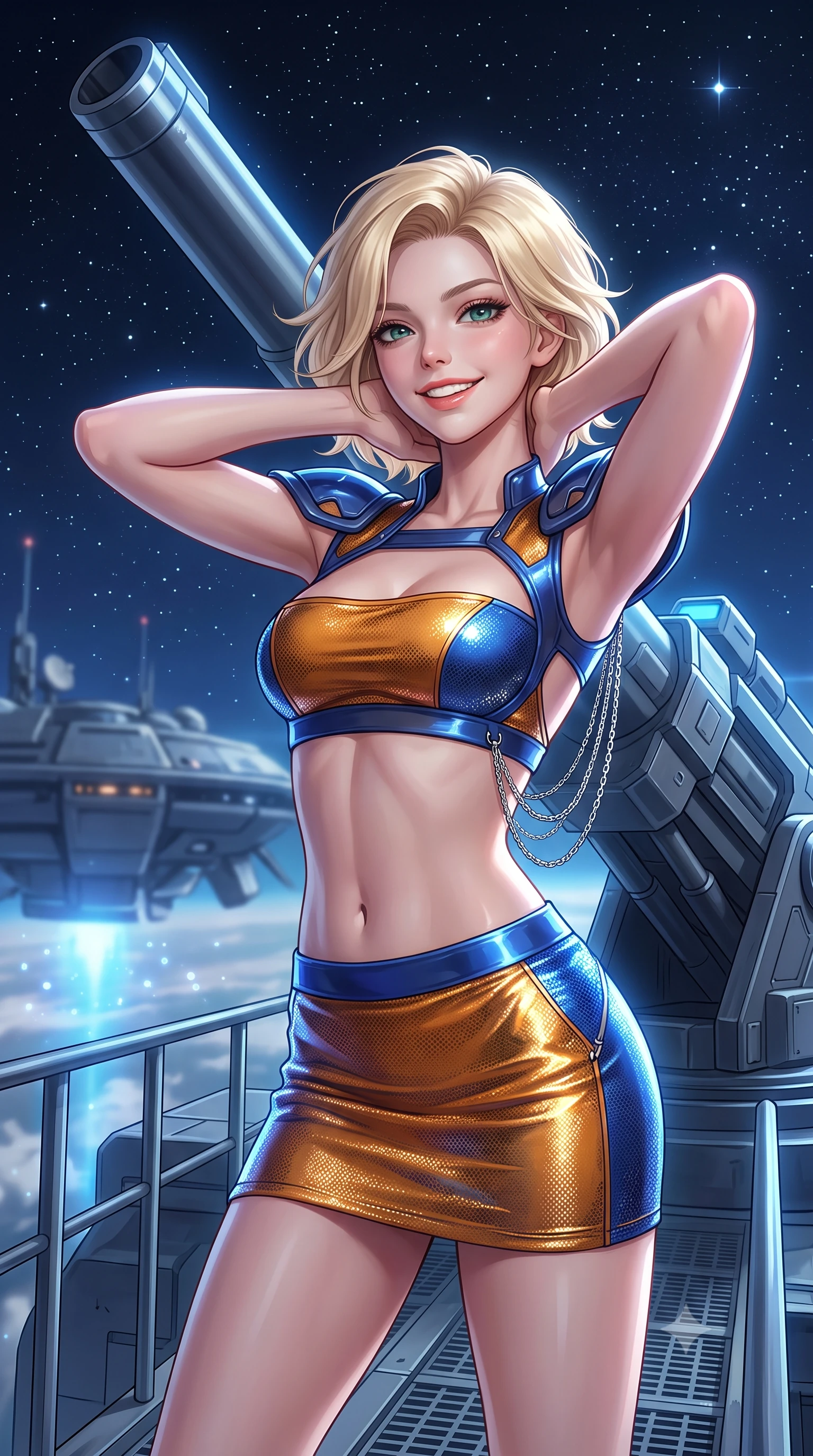 score_9, masterpiece, best quality, ultra-detailed, high-budget anime keyframe, semi-realistic 3D game render, editorial fashion photography, tasteful artistic composition, Caucasian woman. close-up cowboy shot from the waist and thighs up, the character dominates the composition, filling the frame with her large presence. resting both hands lightly behind her neck with elbows raised, arching her spine to highlight her narrow waist, flat midriff, and breathtaking collarbones while standing poised on the maintenance gantry beside the monumental 100-meter railgun barrel pointed into the stars, arching her lower back with sovereign diva charisma. The background shows a soft-focus ionized vacuum plasma particles softened in orbital defense platform shallow focus. She has an exceptionally elegant, slender, and willowy female figure with an ultra-slim waist, flat toned midriff, narrow ribcage, and sculpted feminine hips creating an alluring, slim hourglass silhouette without bulk. sharp v-shaped jawline, high-bridge nose, intricate jewel-like sparkling eyes with depth, thick eyelashes, glossy parted lips with a natural peach sheen, bright cheerful beaming smile with an enchanting and coquettish sensual glint, exuding both youthful cute charm and seductive allure, flawlessly proportioned anatomical accuracy, strict slender model proportions, natural body alignment, perfectly sculpted long slender limbs, ultra-slim waistline, clean dynamic posture without body distortion. wearing an ultra-cropped tactical tech-wear bandeau top with molded shoulder armor paired with a micro mini skirt revealing her flat toned midriff in Jovian storm amber and electric cobalt, crafted from stretch micro-mesh with liquid foil coating that shimmers with every movement, accented with an open-back drape framed by falling strands of delicate chrome chains, the bespoke structured tailoring following the natural line of her 8.5-heads silhouette with refined elegance. bathed in cold electric-blue capacitor glow combined with crisp unpolluted starlight. highly saturated vibrant anime colors, detailed shading with soft gradients, rich glossy textures, high-contrast stereoscopic depth, volumetric dynamic lighting, master piece, 9:16 ratio