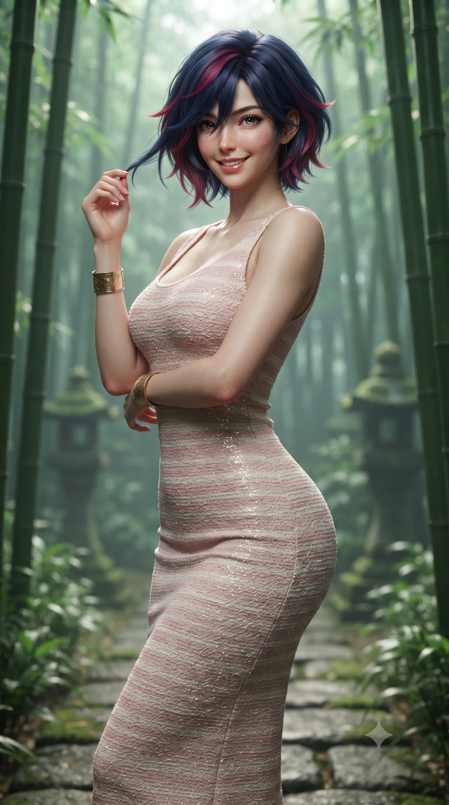 score_9, masterpiece, best quality, ultra-detailed, high-budget anime keyframe, editorial fashion photography, tasteful artistic composition, Korean woman. close-up cowboy shot from the waist and thighs up, the character dominates the composition, filling the frame with her large presence. twisting her slender torso in an alluring contrapposto stance, one hand toying with her hair while her gaze radiates magnetic charm while standing poised between towering emerald bamboo stalks, looking back along the stone pathway with an enchanting, radiant smile. The background shows a soft-focus ancient mossy stone lanterns softened in mystical Japanese natural sanctuary shallow focus. She has an exceptionally elegant, slender, and willowy female figure with an ultra-slim waist, flat toned midriff, narrow ribcage, and sculpted feminine hips creating an alluring, slim hourglass silhouette without bulk. sharp v-shaped jawline, high-bridge nose, intricate jewel-like sparkling eyes with depth, thick eyelashes, glossy parted lips with a natural peach sheen, bright cheerful beaming smile with an enchanting and coquettish sensual glint, exuding both youthful cute charm and seductive allure, flawlessly proportioned anatomical accuracy, strict slender model proportions, natural body alignment, perfectly sculpted long slender limbs, ultra-slim waistline, clean dynamic posture without body distortion. wearing a fluid liquid silk jersey draped midi dress clinging flawlessly to her narrow waist, flat midriff, and curvy hips in Parisian pastel rose bouclé and cream pearl, woven from stretch metallic lurex knit casting subtle luminous champagne glints across her contours, accented with delicate golden wrist cuffs reflecting warm chandelier light, the second-skin tailored fabric adhering flawlessly to her sculpted flat midriff and slender torso, emphasizing her long leg lines and perfectly proportioned willowy build. illuminated by soft green foliage bounce and crisp jade-gold rim lights sculpting her razor-sharp jawline and tall willowy frame. ultra-reflective glossy finish, specular highlights, rich textural contrasts, high-contrast stereoscopic depth, volumetric dynamic lighting, 2k, ultra detail, master piece, 9:16 ratio