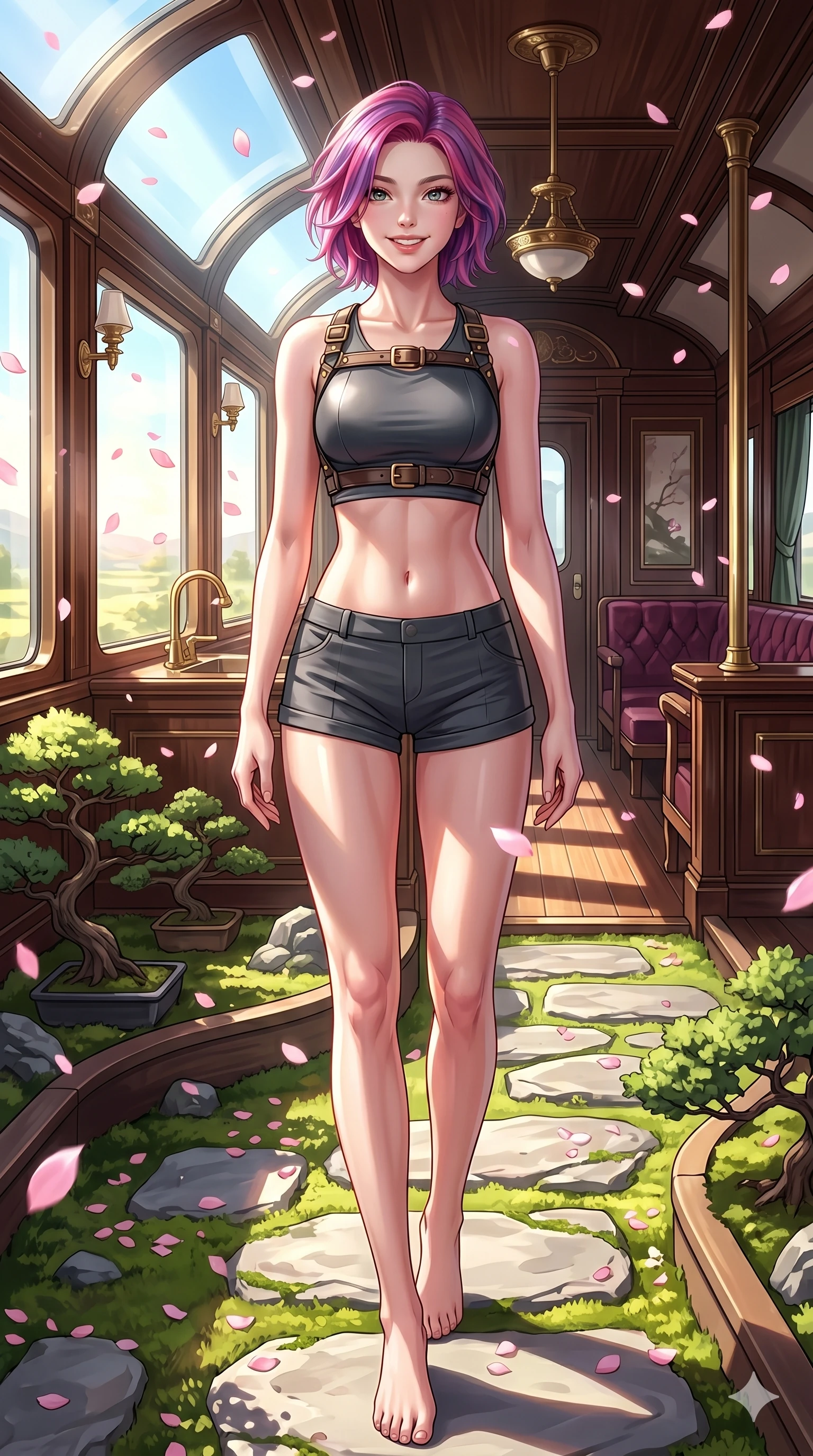 score_9, masterpiece, best quality, ultra-detailed, high-budget anime keyframe, vibrant anime aesthetic, Caucasian woman, strictly human ears. cowboy shot from the thighs up, character and outfit filling the frame for maximum presence. She is standing in a garden path, smiling delightfully as cherry blossoms fall around her inside a luxury train lounge car in the sun (Code-P20-097). She has an absolutely perfect 8-heads proportion, an exceptionally tall and slender female figure with impossibly long slender legs and an ultra-slim waist. V-shaped jawline, high-bridge nose, intricate jewel-like eyes with depth, thick eyelashes, glossy lips with a natural sheen. wearing a harness over a crop top exposing bare midriff and micro-shorts. She is illuminated by a brilliant midday sun, highlighting her athletic figure and smile. 2k, ultra detail, master piece, 9:16 ratio