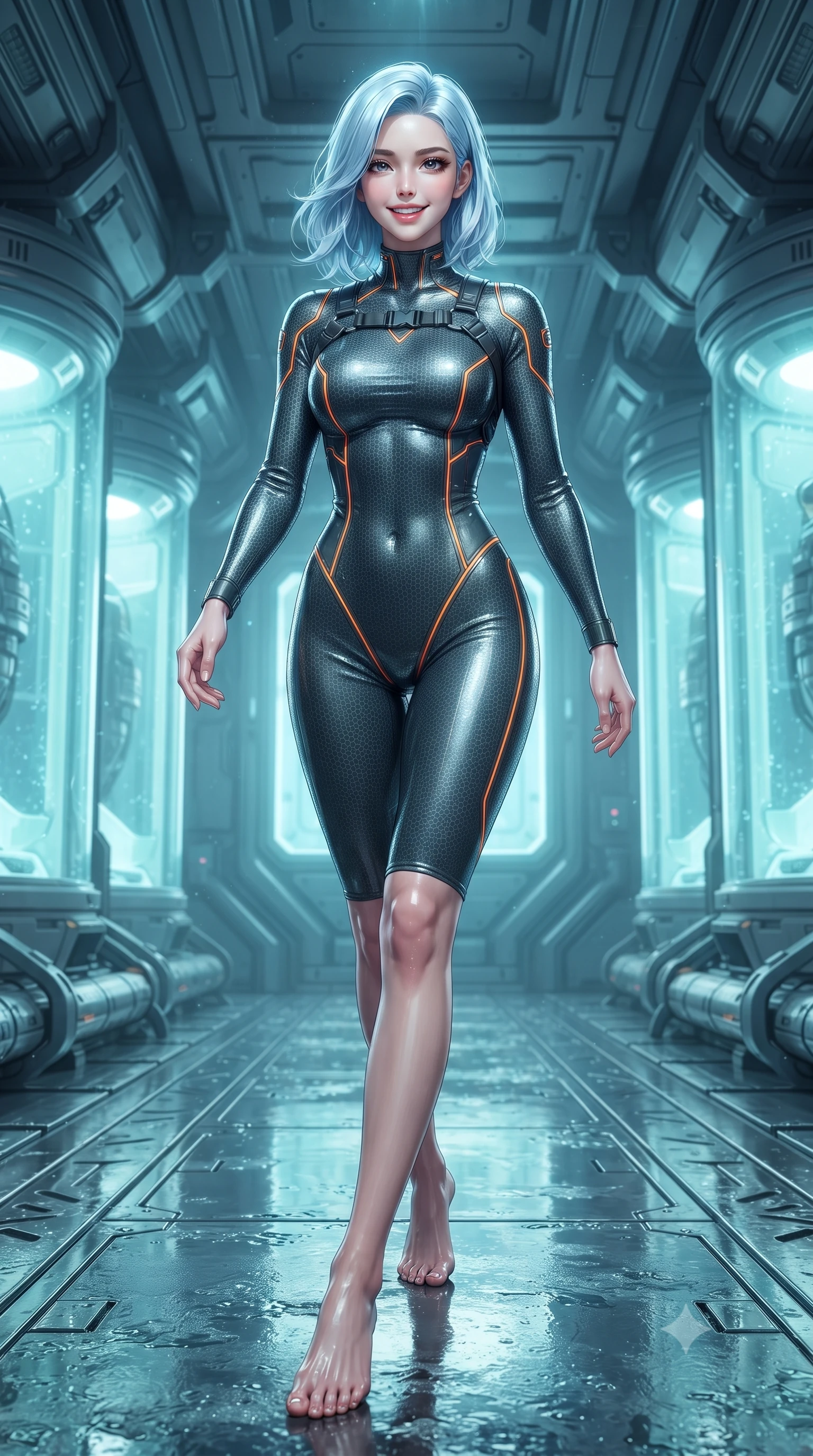score_9, masterpiece, best quality, ultra-detailed, high-budget anime keyframe, editorial fashion photography, tasteful artistic composition, Korean woman. low angle full-body shot from head to toe showing her feet, filling the entire 9:16 vertical frame with her statuesque presence, stretching her vertical silhouette. striding forward gracefully across the reflective metal deck in mid-motion with a radiant beaming smile, hips swaying in an alluring kinetic rhythm that accentuates her curvy hourglass silhouette and long slender legs while sitting gracefully on the frozen metal walkway edge with legs crossed, her form-contouring thermal suit radiating captivating allure. The surrounding environment is rendered in vivid detail and crisp panoramic clarity: detailed mesh catsuit texture, dewy moisture sheen on skin, and futuristic vault architecture in high resolution. She has an absolutely perfect, statuesque 8.5-heads proportion, an exceptionally tall and slender model-like female figure with impossibly long slender legs, an ultra-slim waist, a flat toned midriff, narrow delicate ribcage, and beautifully sculpted feminine hips creating a graceful, slim hourglass silhouette without any bulky heaviness. sharp v-shaped jawline, high-bridge nose, intricate jewel-like sparkling eyes with depth, thick eyelashes, glossy parted lips with a natural sheen, bright confident smile with an enchanting and coquettish sensual glint, exuding both youthful magnetic charm and sovereign high-tech allure, flawlessly proportioned anatomical accuracy, strict slender model proportions, natural body alignment, perfectly sculpted long slender limbs, ultra-slim waistline, clean dynamic posture without body distortion. wearing an aerodynamic second-skin combat bodysuit with hexagonal carbon weave and glowing circuit seam piping in stealth charcoal slate and molten laser orange, made of supple second-skin compression stretch jersey clinging flawlessly to her form, finished with criss-cross Kevlar tactical straps tracing her graceful shoulder blades, the liquid-tight tailored fabric clinging flawlessly to her narrow waist and rounded feminine hips, emphasizing every millimeter of her sculpted slim hourglass curves without any bulky heaviness. bathed in soft icy cyan and pale aquamarine glow emitted from stasis pod interiors. ultra-reflective glossy finish, specular highlights, rich textural contrasts, high-contrast stereoscopic depth, volumetric dynamic lighting, 2k, ultra detail, master piece, 9:16 ratio