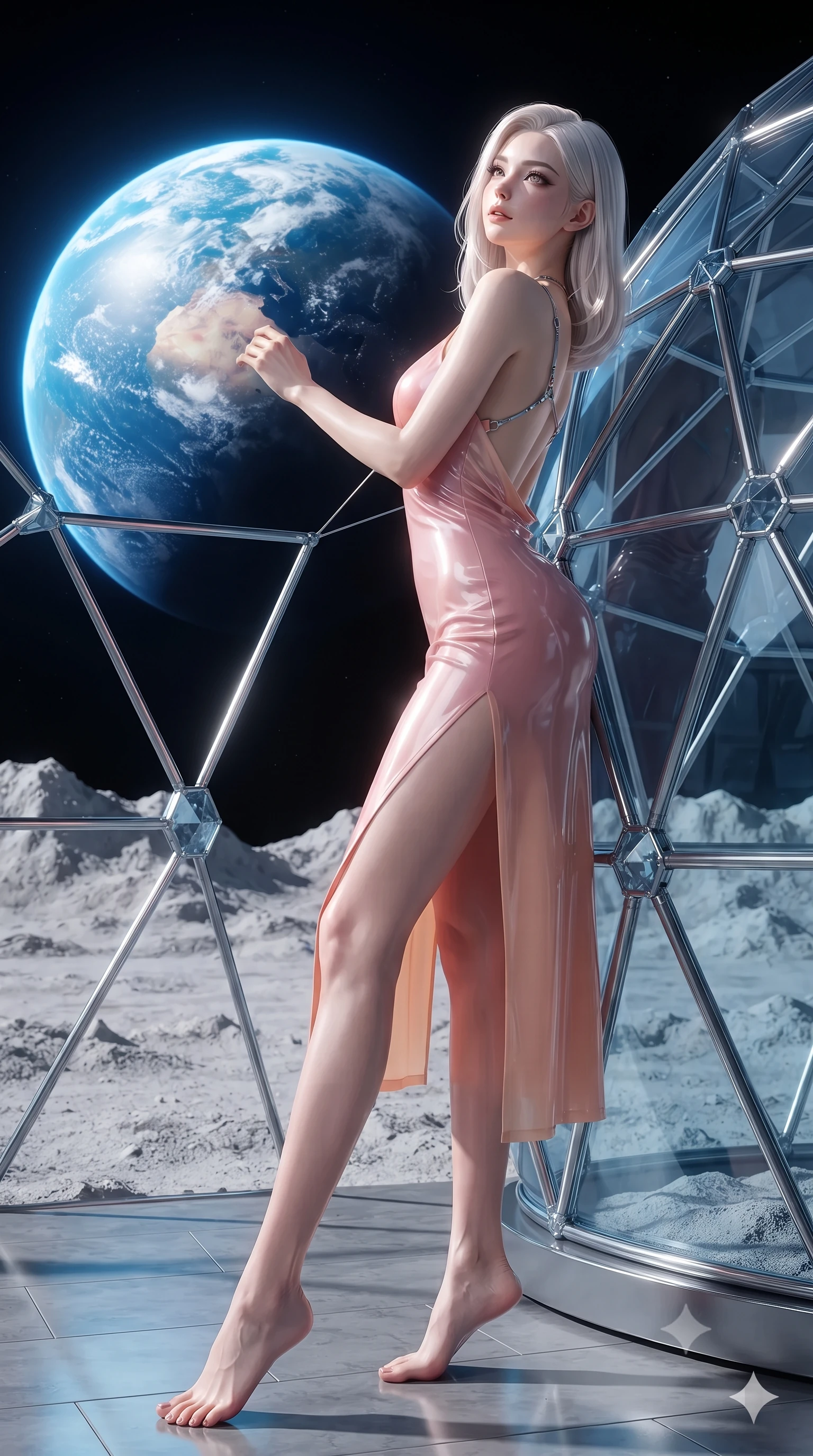 score_9, masterpiece, best quality, ultra-detailed, high-budget anime keyframe, editorial fashion photography, tasteful artistic composition, Korean woman. low angle full-body shot from head to toe showing her feet, filling the entire 9:16 vertical frame with her statuesque presence, stretching her vertical silhouette. leaning deep against the balcony balustrade with hips cocked back in an unapologetically alluring high-fashion stance, casting an intoxicating glance while leaning against the faceted diamond-glass dome strut with hips cocked back, gazing up at the brilliant blue marble of Earth rising over lunar peaks with bedroom-eyes. The surrounding environment is rendered in vivid detail and crisp panoramic clarity: sharp faceted geodesic glass node brackets, pristine lunar regolith texture outside, and polished lunar glass tiles inside in deep focus. She has an exceptionally tall and slender model-like 8.5-heads proportion, an ultra-slim waist, a flat toned midriff, narrow delicate ribcage, and beautifully sculpted feminine hips creating a graceful, slim hourglass silhouette without any bulky heaviness, with impossibly long slender legs. sharp v-shaped jawline, high-bridge nose, intricate jewel-like sparkling eyes with depth, thick eyelashes, glossy parted lips with a natural peach sheen, bright cheerful beaming smile with an enchanting and coquettish sensual glint, exuding both youthful cute charm and seductive allure, flawlessly proportioned anatomical accuracy, strict slender model proportions, natural body alignment, perfectly sculpted long slender limbs, ultra-slim waistline, clean dynamic posture without body distortion. wearing a form-contouring gossamer silk chiffon slip dress with a hip-high slit and open cowl back clinging with dewy moisture in Solaris liquid rose-quartz and alien peach, tailored from high-gloss patent leather with mirror-like specular highlights, accented with a chrome-drop body harness subtly framing her dewy collarbones and spine, the bespoke structured tailoring following the natural line of her 8.5-heads silhouette with refined elegance. illuminated by basalt tile reflection bounce and sharp Earth-blue rim lights sculpting her jawline, narrow waist, and curvy hips. ultra-reflective glossy finish, specular highlights, rich textural contrasts, high-contrast stereoscopic depth, volumetric dynamic lighting, 2k, ultra detail, master piece, 9:16 ratio