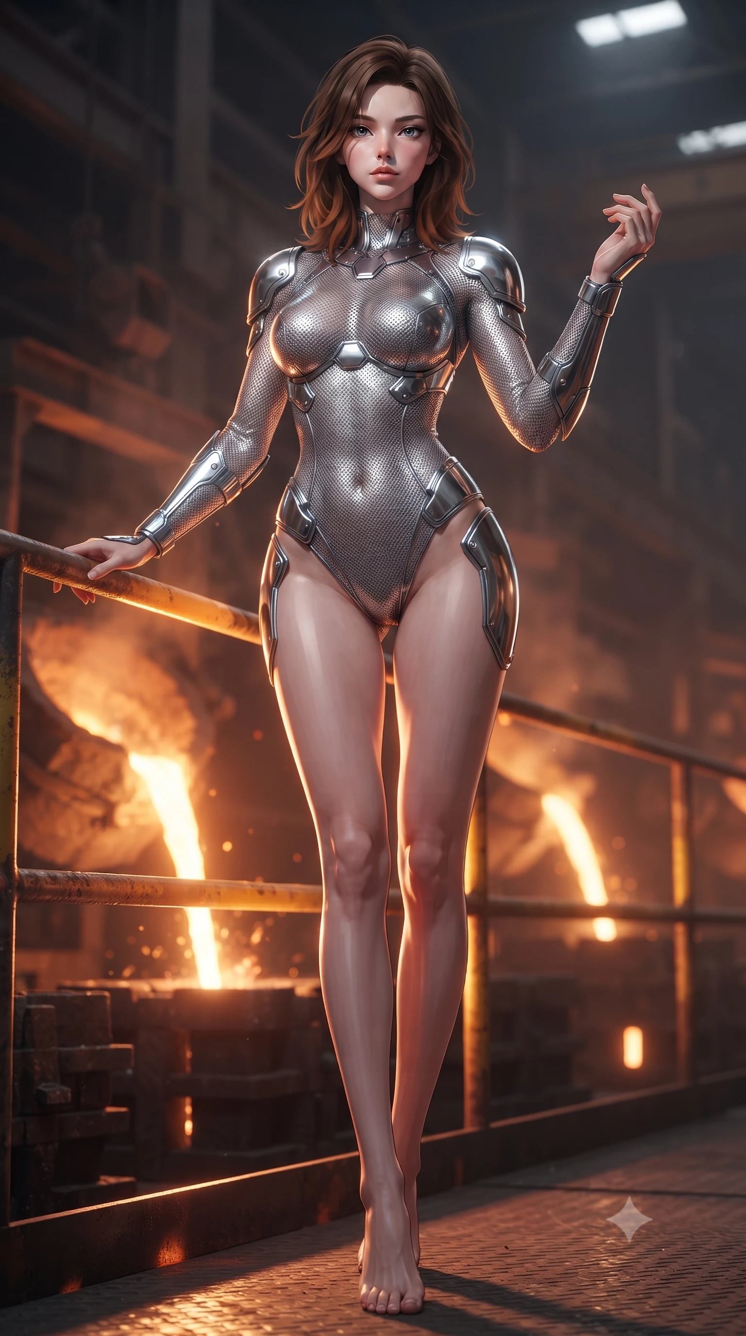 score_9, masterpiece, best quality, ultra-detailed, high-budget anime keyframe, editorial fashion photography, tasteful artistic composition, Korean woman. low angle full-body shot from head to toe showing her feet, filling the entire 9:16 vertical frame with her statuesque presence, stretching her vertical silhouette. standing in a tall, confident posture with one hand on a glowing metal railing, stretching her statuesque body, the background shows a soft-focus an industrial smelting yard with molten metal pouring into carbon molds in soft focus. She has an absolutely perfect, statuesque 8.5-heads proportion, an exceptionally tall and slender model-like female figure with impossibly long slender legs and an ultra-slim waist. sharp v-shaped jawline, high-bridge nose, intricate jewel-like eyes with depth, thick eyelashes, glossy lips with a natural sheen. wearing a form-contouring delicate silver nano-mesh bodysuit with strategically placed chrome armor plate guards covering key curves. hot glowing metal pouring, casting dramatic orange uplight and long shadows. ultra-reflective glossy finish, specular highlights, metallic sheen, high-contrast stereoscopic depth, volumetric dynamic lighting, 2k, ultra detail, master piece, 9:16 ratio