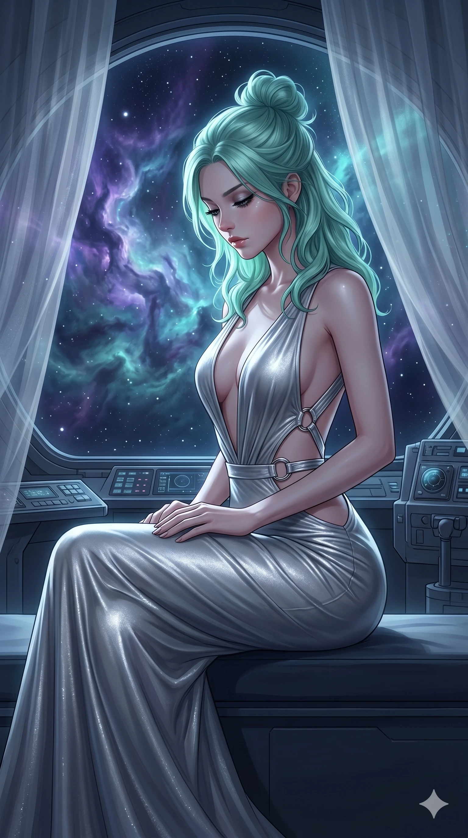 score_9, masterpiece, best quality, ultra-detailed, high-budget anime keyframe, editorial fashion photography, tasteful artistic composition, Japanese woman. cowboy shot from the thighs up, character and outfit filling the frame for maximum editorial presence. Looking down with lowered lashes and a composed, powerful expression inside a deep-space observatory with nebula clouds of violet and teal drifting past panoramic windows. She has an absolutely perfect 8-heads proportion, an exceptionally tall and slender female figure with impossibly long slender legs and an ultra-slim waist. V-shaped jawline, high-bridge nose, intricate jewel-like eyes with depth, thick eyelashes, glossy lips with a natural sheen. wearing a deep plunging-V neck maxi dress in liquid silver jersey with a bold open-back, an architectural waist cutout framed by chrome ring hardware, and a body-contouring fit all the way to the floor. bathed in cold silver moonlight filtered through translucent gossamer curtains casting soft shadows on her curves. 2k, ultra detail, master piece, 9:16 ratio