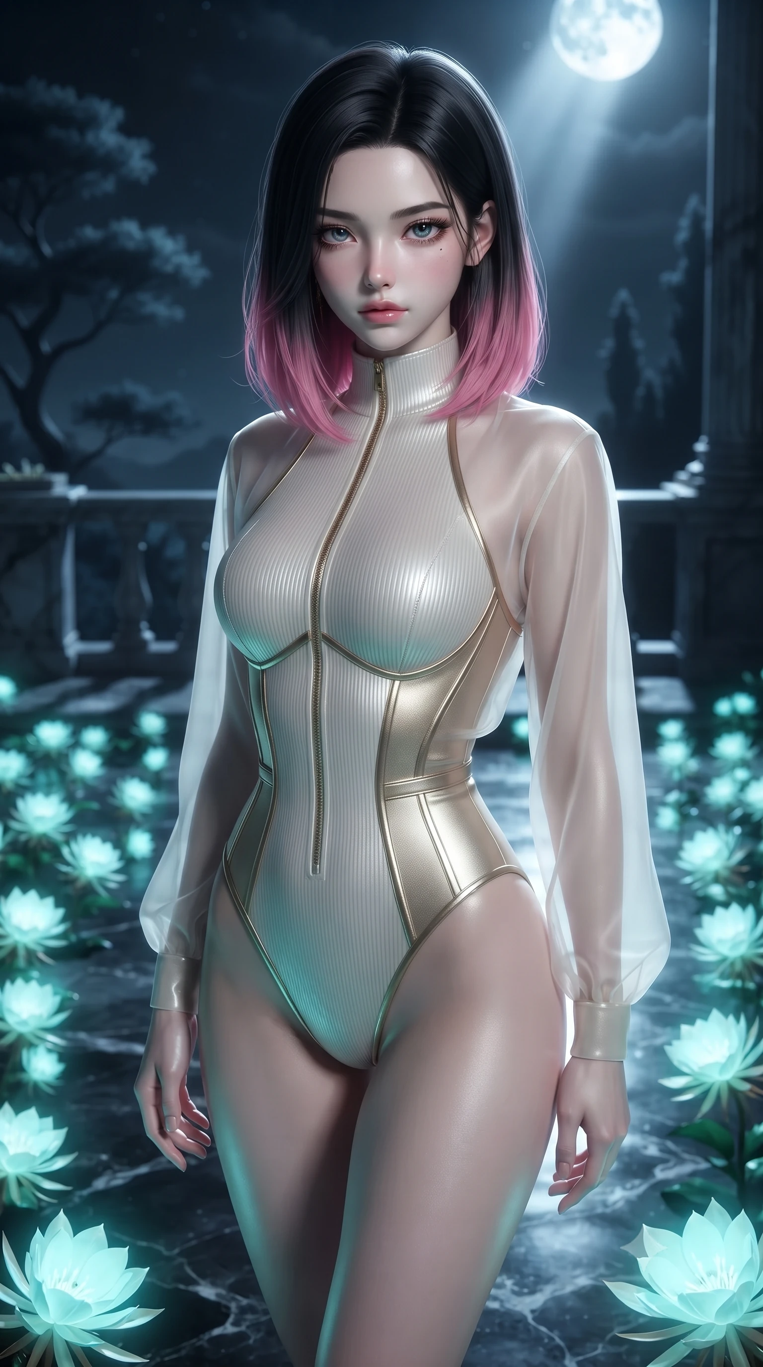 score_9, masterpiece, best quality, ultra-detailed, high-budget anime keyframe, editorial fashion photography, tasteful artistic composition, Korean woman. close-up cowboy shot from the waist and thighs up, the character dominates the composition, filling the frame with her large presence, background elements kept in soft focus. Casting a slow, direct gaze beneath heavy lashes with quiet intensity, standing on a dark marble terrace covered in night-blooming bioluminescent white moonflowers, cold silver moonbeams casting sharp dramatic shadows across dark marble. She has an exceptionally elegant, slender, and willowy female figure with an ultra-slim waist, a gracefully sculpted slender torso, and a refined silhouette. sharp v-shaped jawline, high-bridge nose, intricate jewel-like eyes with depth, thick eyelashes, glossy lips with a natural sheen. wearing sleek high-neck ribbed activewear bodysuit in pearl white in champagne gold, made of sheer opal chiffon overlay, finished with metallic gold boning and sleek zipper points, following her slender form with tailored precision. illuminated by soft bioluminescent turquoise light from moonflowers and silver moonbeams. ultra-reflective glossy finish, specular highlights, metallic sheen, high-contrast stereoscopic depth, volumetric dynamic lighting, 2k, ultra detail, master piece, 9:16 ratio