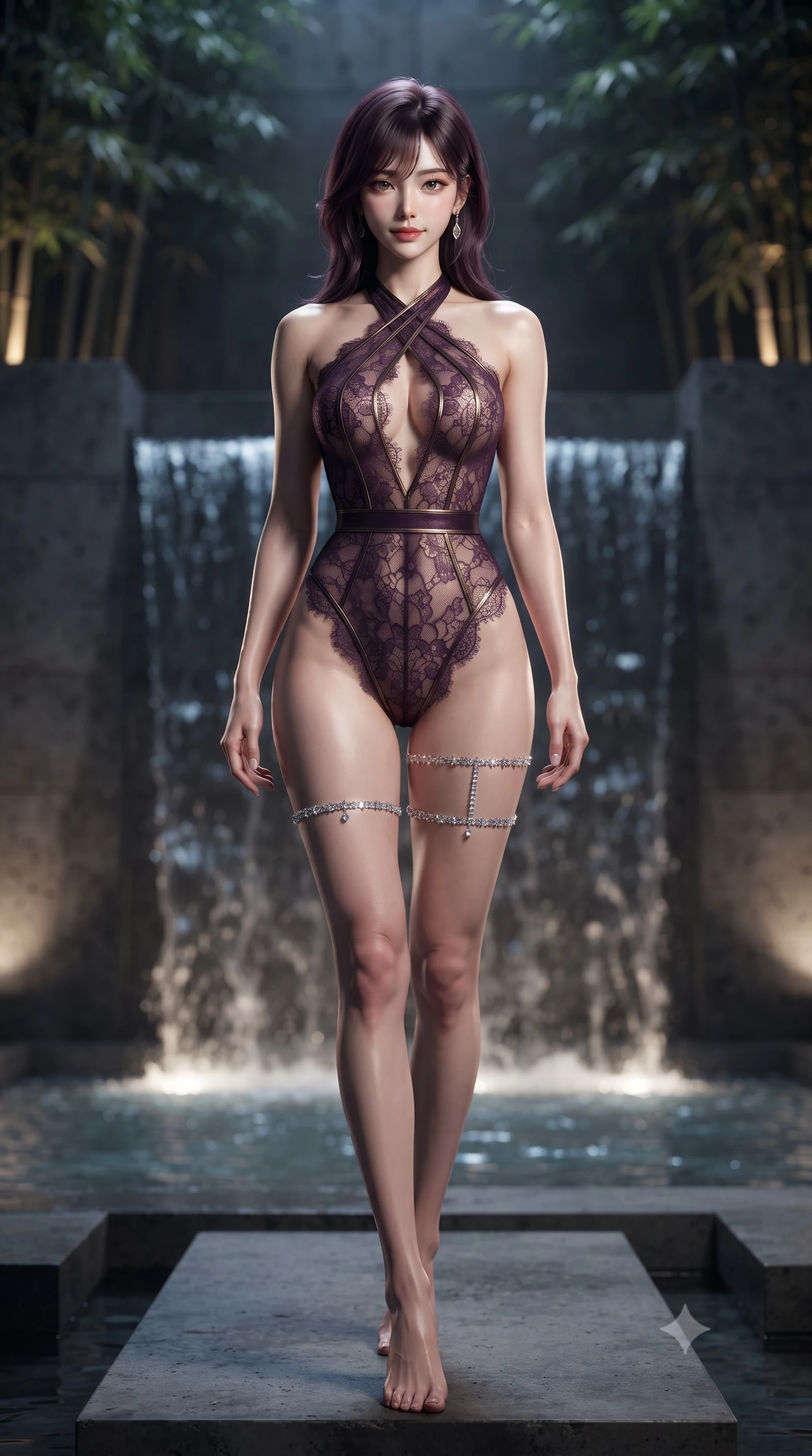 score_9, masterpiece, best quality, ultra-detailed, high-budget anime keyframe, editorial fashion photography, tasteful artistic composition, Korean woman. low angle full-body shot from head to toe showing her feet, filling the entire 9:16 vertical frame with her statuesque presence, stretching her vertical silhouette. stepping slowly toward the camera with hypnotic grace, hips swaying in an alluring sensual rhythm that accentuates her curvy hourglass silhouette and long slender legs while standing poised on a floating charcoal concrete monolith with water sheeting behind her, arching her back with dramatic architectural allure. The background shows a soft-focus cascading sheets of water over textured charcoal concrete, illuminated plunge pool ripples, and minimalist bamboo groves blurred into charcoal, aquamarine, and amber bokeh. She has an absolutely perfect, statuesque 8.5-heads proportion, an exceptionally tall and slender model-like female figure with impossibly long slender legs, an ultra-slim waist, a flat toned midriff, narrow delicate ribcage, and beautifully sculpted feminine hips creating a graceful, slim hourglass silhouette without any bulky heaviness. sharp v-shaped jawline, high-bridge nose, sparkling eyes with hypnotic seductive depth, thick curled eyelashes, glossy parted lips with a natural dewy peach sheen, alluring bedroom-eyes with an enchanting coquettish smile, exuding magnetic siren charisma and sophisticated glamour, flawlessly proportioned anatomical accuracy, strict slender model proportions, natural body alignment, perfectly sculpted long slender limbs, ultra-slim waistline, clean dynamic posture without body distortion. wearing a criss-cross halterneck keyhole bodysuit with open back and sculpted waist darts in rich dark plum violet and gilded bronze, made of delicate semi-sheer French Chantilly lace with intricate eyelash edges, finished with delicate crystal-encrusted thigh garter straps glinting in the dim light, the high-slit wrap tailoring accentuating her ultra-slim waistline and the enchanting curve of her feminine hips with alluring seductive charm. illuminated by basin reflection bounce and sharp white-gold rim lights sculpting her jawline, flat midriff, and voluptuous hip curves. ultra-reflective glossy finish, specular highlights, rich textural contrasts, high-contrast stereoscopic depth, volumetric dynamic lighting, 2k, ultra detail, master piece, 9:16 ratio
