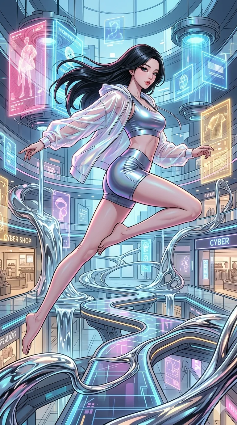 score_9, masterpiece, best quality, ultra-detailed, high-budget anime movie keyframe, cinematic anime lighting, intricate line art, Japanese woman. Dynamic full-body shot stretching the vertical silhouette across the 9:16 frame. leaping gracefully in a holographic shopping mall with liquid mercury fountains. She has an absolutely perfect 8-heads proportion, an exceptionally tall and slender female figure with an ultra-slim waist and impossibly long slender legs. sharp v-shaped jawline, high-bridge nose, intricate jewel-like eyes, thick eyelashes, glossy lips. Wearing premium athleisure set with a metallic-finish compression top, high-cut yoga shorts that accentuate her long legs, and a sheer oversized hoodie. The scene is illuminated by dramatic atmospheric lighting and vibrant color palettes. , 2k, ultra detail, master piece, 9:16 ratio