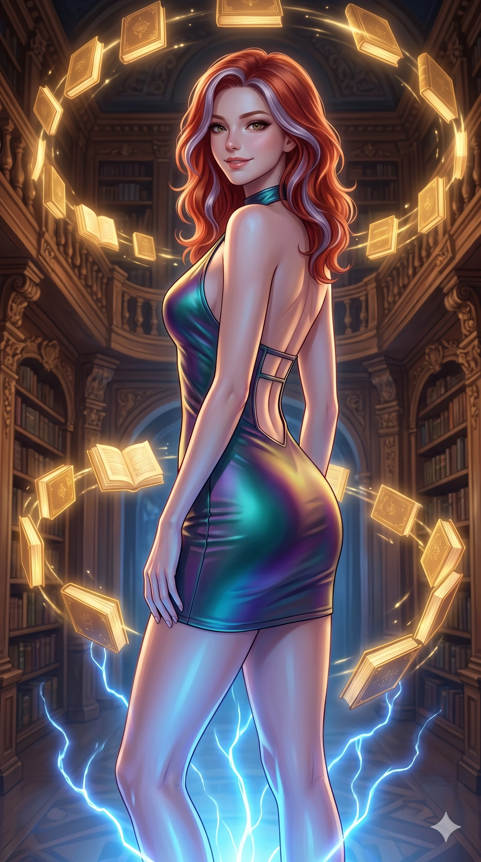 score_9, masterpiece, best quality, ultra-detailed, high-budget anime keyframe, editorial fashion photography, tasteful artistic composition, Caucasian woman, strictly human ears. cowboy shot from the thighs up, character and outfit filling the frame for maximum editorial presence. Smiling with quiet, magnetic self-assurance directly into the camera amidst a baroque library where glowing golden books orbit in slow spiral patterns. She has an absolutely perfect 8-heads proportion, an exceptionally tall and slender female figure with impossibly long slender legs and an ultra-slim waist. V-shaped jawline, high-bridge nose, intricate jewel-like eyes with depth, thick eyelashes, glossy lips with a natural sheen. wearing an iridescent color-shifting halter-neck mini dress with a structured open-back, a precision-fitted form-contouring body and an elevated hemline at the upper thigh. highlighted by pulsing electric blue plasma arc lighting from below, casting dramatic upward shadows. 2k, ultra detail, master piece, 9:16 ratio
