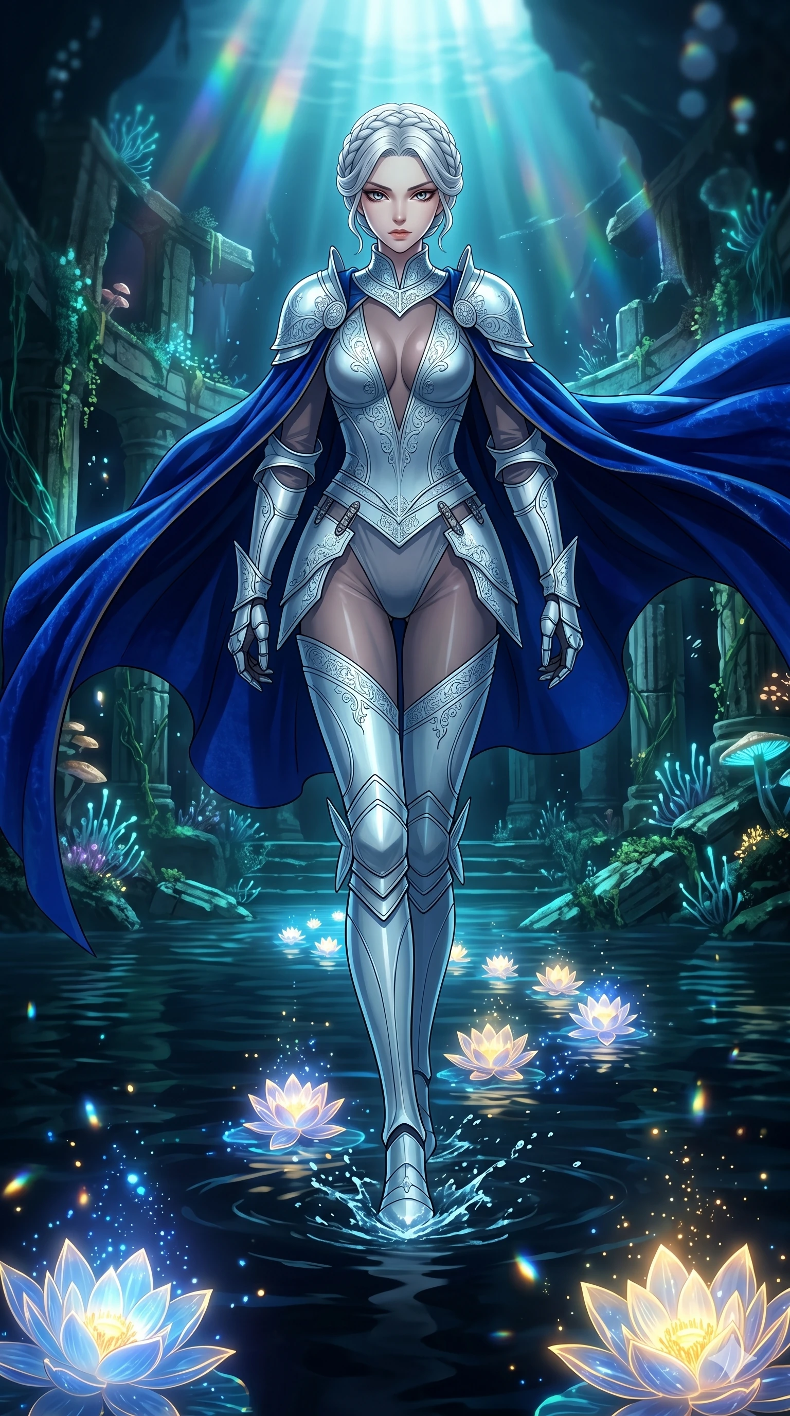 score_9, masterpiece, best quality, ultra-detailed, High-budget Anime Keyframe, vibrant colors, fluid line-art, expressive lighting, cinematic composition, Ufotable-style visual effects, top-tier animation quality, Japanese woman with delicate and elegant anime-inspired features. Dynamic full-body shot stretching the vertical silhouette, capturing her from a powerful low-angle perspective. Creating a path of glowing lotus flowers with every step across a dark lake. She has an absolutely perfect 8-heads proportion, an exceptionally tall and slender female figure with impossibly long slender legs and an ultra-slim waist, her statuesque height and towering silhouette dominating the vertical 9:16 frame. Her face is a masterpiece featuring a sharp v-shaped jawline, high-bridge nose, intricate jewel-like eyes with depth, thick eyelashes, and glossy lips with a natural sheen. She is wearing a Form-fitting light silver plate armor with intricate engravings, over a sheer silk bodysuit with a deep plunging neckline, and a royal blue velvet cape.. The scene is set in an underwater Eden where the plants are made of light and fiber-optics. 2k, ultra detail, master piece, 9:16 ratio