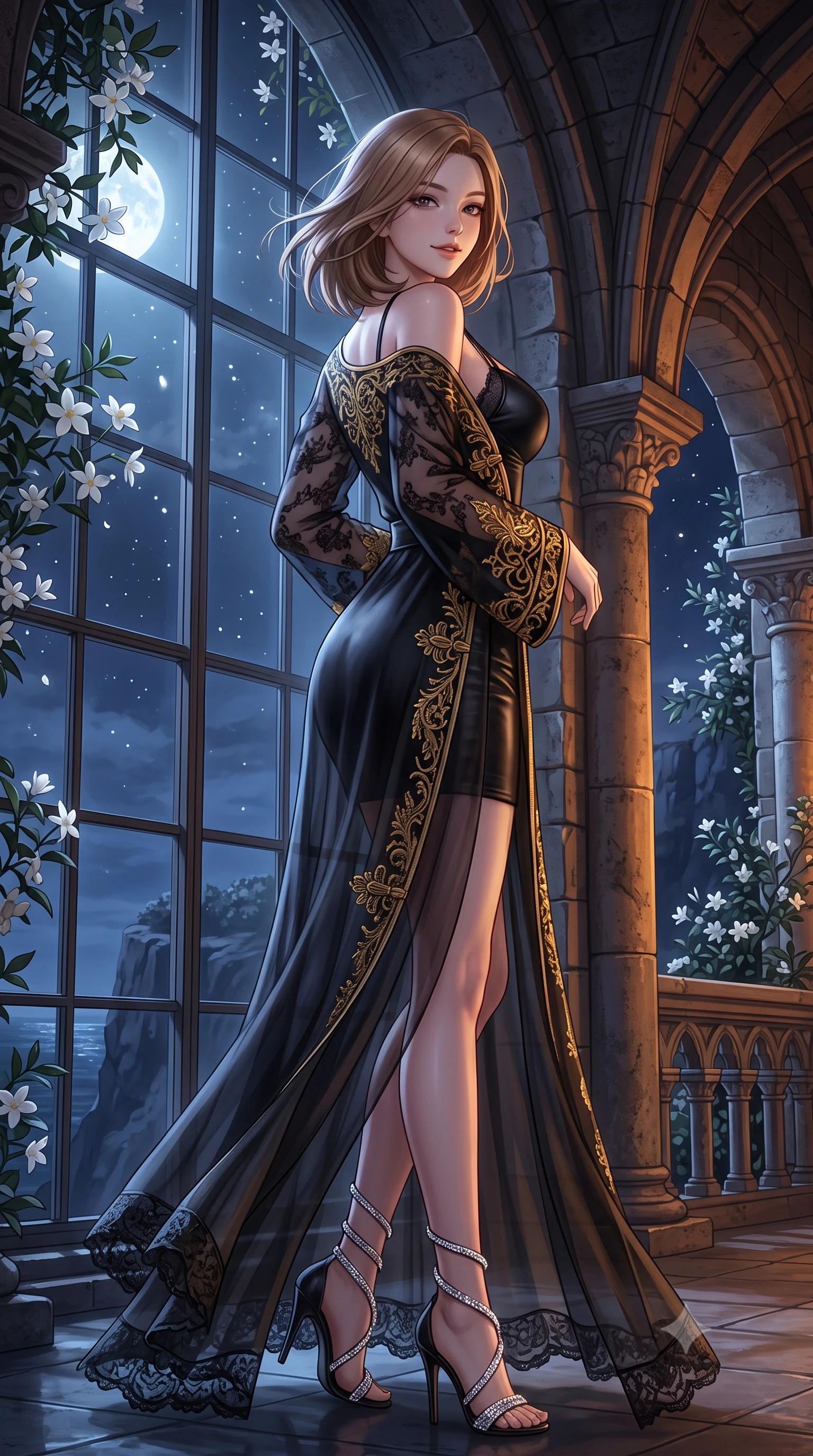 score_9, masterpiece, best quality, ultra-detailed, high-budget anime keyframe, semi-realistic 3D game render, editorial fashion photography, tasteful artistic composition, Korean woman. close-up cowboy shot from the waist and thighs up, the character dominates the composition, filling the frame with her large presence. resting one elbow on the table and supporting her chin, leaning close to the camera with heavy-lidded sparkling eyes and parted lips while sitting perched on the colorful ceramic bench with legs crossed, running one manicured hand slowly down her hip with magnetic charm. The background shows a soft-focus colorful ceramic tile patterns softened in romantic Italian coastal nocturne shallow focus. She has an exceptionally elegant, slender, and willowy female figure with an ultra-slim waist, flat toned midriff, narrow ribcage, and sculpted feminine hips creating an alluring, slim hourglass silhouette without bulk. sharp v-shaped jawline, high-bridge nose, intricate jewel-like sparkling eyes with depth, thick eyelashes, glossy parted lips with a natural peach sheen, bright cheerful beaming smile with an enchanting and coquettish sensual glint, exuding both youthful cute charm and seductive allure, flawlessly proportioned anatomical accuracy, strict slender model proportions, natural body alignment, perfectly sculpted long slender limbs, ultra-slim waistline, clean dynamic posture without body distortion. wearing a provocative sheer metallic-threaded gossamer caftan worn wide open over a micro silk satin bralette and bikini briefs in French boudoir bordeaux wine and antique brass, crafted from fluid liquid silk satin that clings smoothly to her narrow waist and rounded hips with a dewy sheen, complemented by strappy stiletto sandals with crystal ankle wraps accentuating her slender calves, the liquid-tight tailored fabric clinging flawlessly to her narrow waist and rounded feminine hips, emphasizing every millimeter of her sculpted slim hourglass curves without any bulky heaviness. bathed in the dramatic warm 2100K flame glow of dancing oil torches mixed with cool Mediterranean sea moonlight. highly saturated vibrant anime colors, detailed shading with soft gradients, rich glossy textures, high-contrast stereoscopic depth, volumetric dynamic lighting, master piece, 9:16 ratio