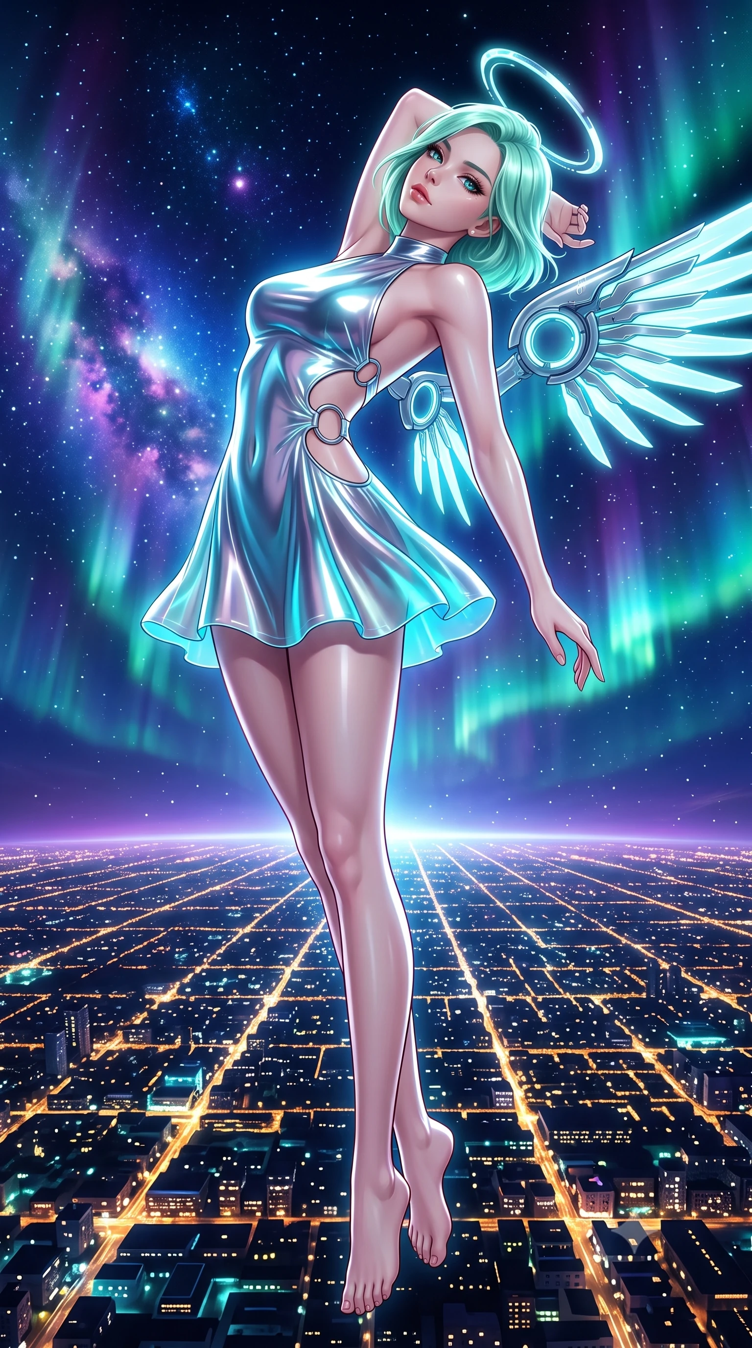 score_9, masterpiece, best quality, ultra-detailed, high-budget anime keyframe, semi-realistic 3D game render, editorial fashion photography, tasteful artistic composition, Japanese woman. low angle full-body shot from head to toe showing her feet, filling the entire 9:16 vertical frame with her statuesque presence, stretching her vertical silhouette. arching her back gracefully in mid-air as glowing mechanical wings and floating cybernetic halos frame her statuesque presence while arching her spine in a fluid stretch under the vast cosmic aurora with endless city light grids stretching below. The surrounding environment is rendered in vivid detail and crisp panoramic clarity. vibrant high-contrast night skyline and electrifying cosmic phenomena rendered in panoramic precision. She has an absolutely perfect, statuesque 8.5-heads proportion, an exceptionally tall and slender model-like female figure with impossibly long slender legs, a toned flat midriff, and an ultra-slim waist. sharp v-shaped jawline, high-bridge nose, intricate jewel-like eyes with depth, thick eyelashes, glossy lips with a natural sheen, flawlessly proportioned anatomical accuracy, strict slender model proportions, natural body alignment, perfectly sculpted long slender limbs, ultra-slim waistline, clean dynamic posture without body distortion. wearing a high-gloss lacquer cyber-couture mini dress with an open-back architectural cut and subtle glowing micro-filaments in polished mirror chrome and glowing electric cyan neon, made of smooth flowing silk chiffon that shifts colors with movement, detailed with polished silver rings connecting the daring side-waist cutouts, the precision-cut daring openings accentuating her delicate midriff, graceful bare collarbones, and ultra-slim feminine waistline. illuminated by crisp white key lighting with sharp specular highlights tracing her ultra-slim waist and long legs. rich saturated anime colors with glowing neon highlights, detailed shading with soft gradients, rich glossy textures, high-contrast stereoscopic depth, volumetric dynamic lighting, master piece, 9:16 ratio