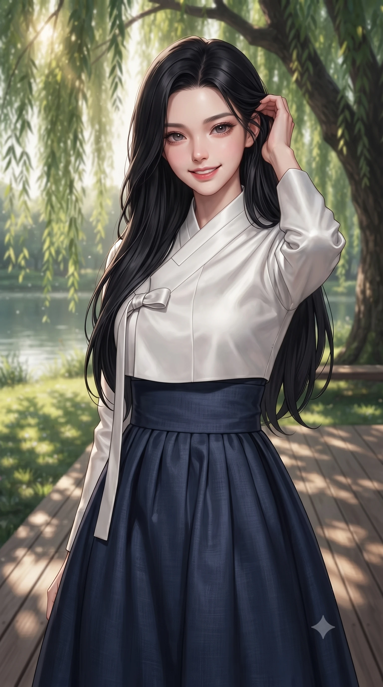 score_9, masterpiece, best quality, ultra-detailed, high-budget anime keyframe, editorial fashion photography, tasteful artistic composition, Korean woman woman. close-up cowboy shot from the waist and thighs up, the character dominates the composition, filling the frame with her large presence, background elements kept in soft focus. smiling with quiet, magnetic self-assurance directly into the camera, running a hand through her hair the background shows a soft-focus a wooden deck under a large weeping willow tree near a calm lake in a private park. She has an exceptionally elegant, slender, and willowy female figure with an ultra-slim waist, a gracefully sculpted slender torso, and a refined silhouette. sharp v-shaped jawline, high-bridge nose, intricate jewel-like eyes with depth, thick eyelashes, glossy lips with a natural sheen. wearing a slim-fit modern fusion hanbok dress with a navy blue linen skirt and a high-neck white silk wrapper. dappled sunbeams filtering through the willow leaves onto the grass. ultra-reflective glossy finish, specular highlights, metallic sheen, high-contrast stereoscopic depth, volumetric dynamic lighting, 2k, ultra detail, master piece, 9:16 ratio