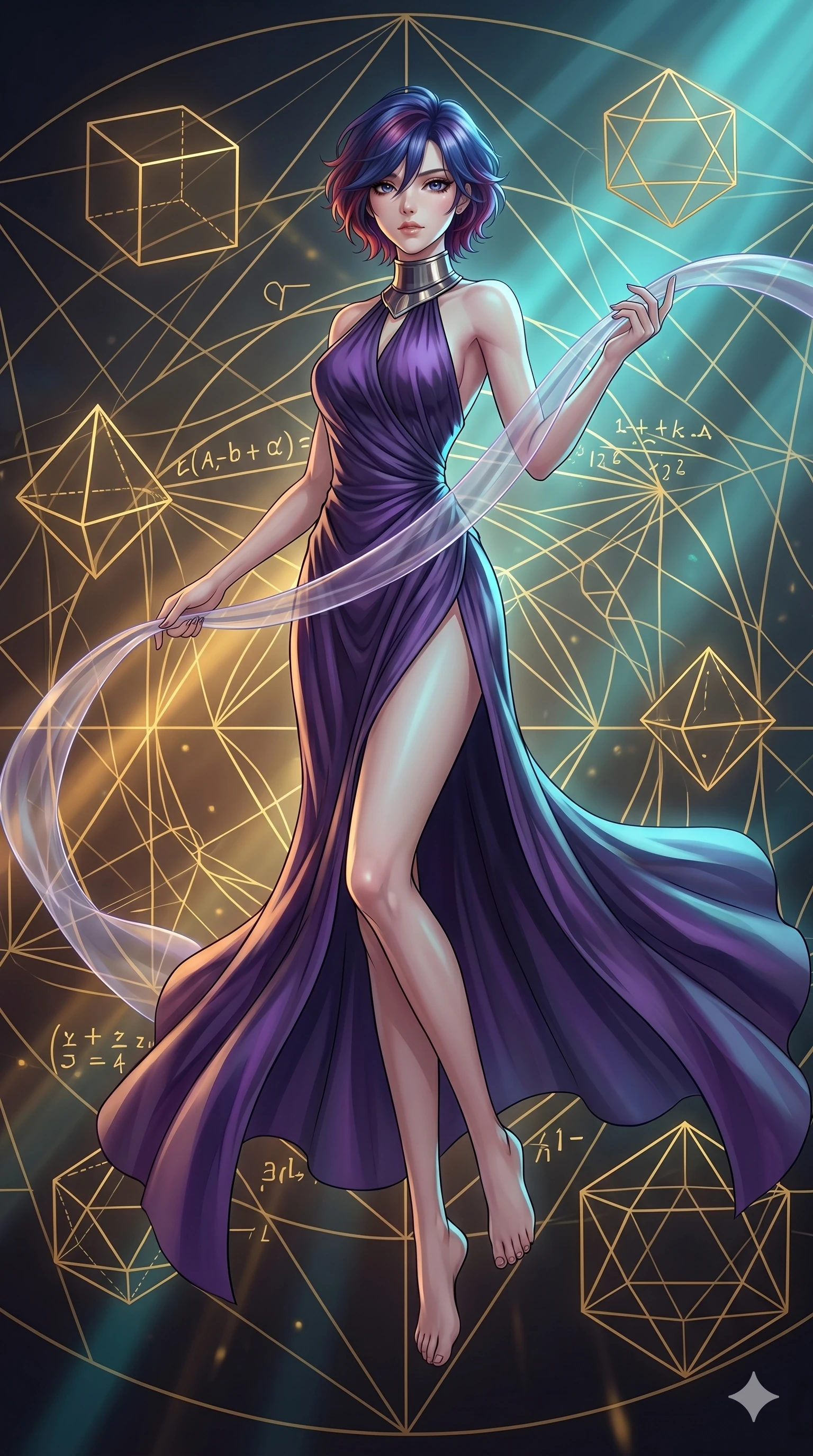score_9, masterpiece, best quality, ultra-detailed, high-budget anime keyframe, Japanese woman. low angle full-body shot filling the entire 9:16 frame with her statuesque presence, stretching the vertical silhouette. floating gracefully in a mathematical mandala void filled with golden geometric lines of complex formulas, holding a translucent ribbon as she glides between floating regular polyhedrons. She has an absolutely perfect 8-heads proportion, an exceptionally tall and slender female figure with impossibly long slender legs and an ultra-slim waist. V-shaped jawline, high-bridge nose, intricate jewel-like eyes with depth, thick eyelashes, glossy lips with a natural sheen.. wearing a gothic liquid silk gown, featuring a deep purple liquid silk maxi gown draped around her, secured by a metallic choker collar, with a high side slit. showcasing a beautiful play of light and shadow, with warm golden rays clashing against cool cyan highlights. 2k, ultra detail, master piece, 9:16 ratio