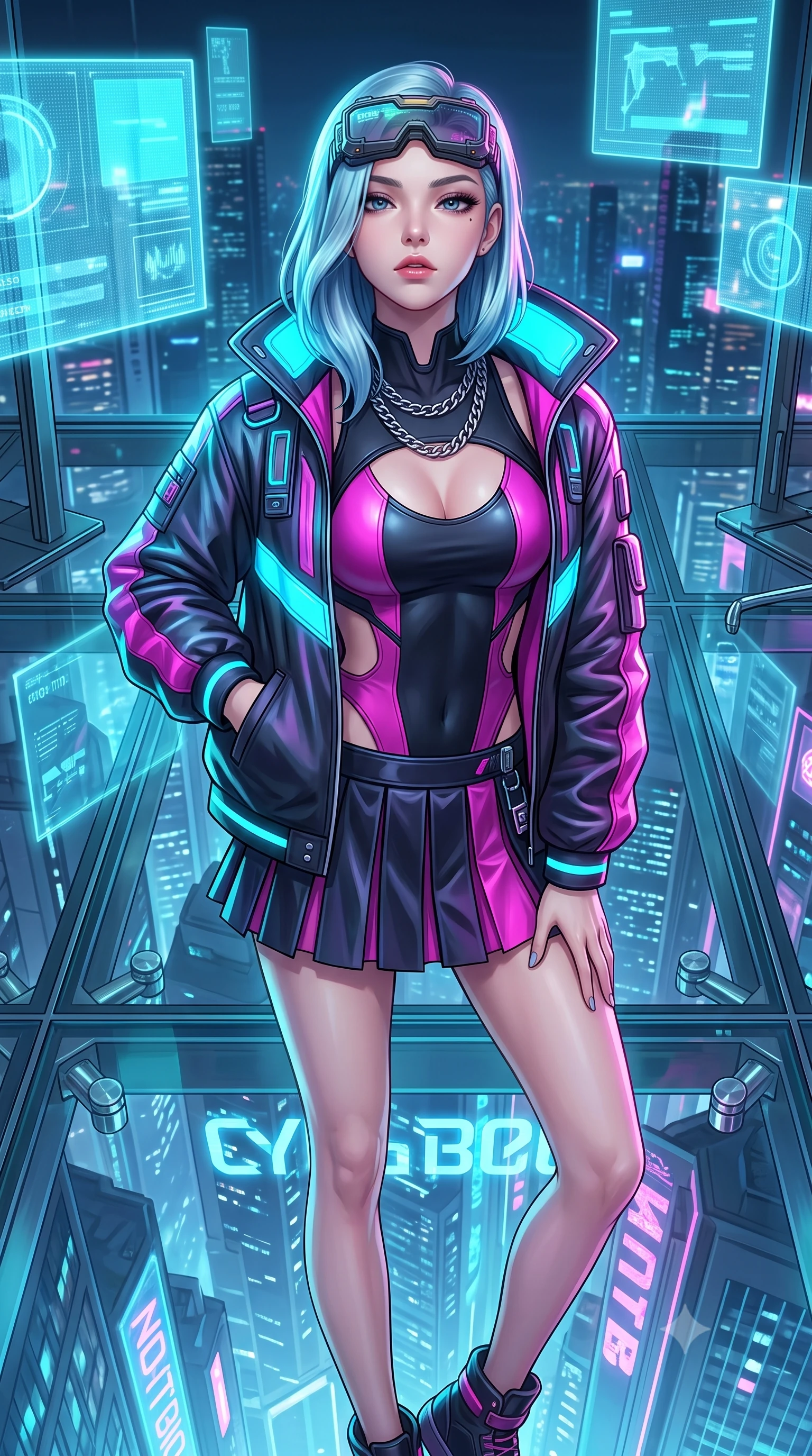 score_9, masterpiece, best quality, ultra-detailed, high-budget anime keyframe, semi-realistic 3D game render, editorial fashion photography, tasteful artistic composition, Korean woman. close-up cowboy shot from the waist and thighs up, the character dominates the composition, filling the frame with her large presence. tilting her chin up with proud, sovereign confidence while gazing directly into the lens with thick, dark eyelashes while standing poised on a transparent structural glass floor overlooking the dizzying vertical abyss of a neon metropolis at 3 AM. The surrounding environment is rendered in vivid detail and crisp panoramic clarity. crystal-clear transparent glass floor panels, glowing holographic typography, and chrome furniture joints in deep focus. She has an exceptionally elegant, slender, and willowy female figure with an ultra-slim waist, a gracefully sculpted slender torso, toned flat midriff, and a refined slim silhouette. sharp v-shaped jawline, high-bridge nose, intricate jewel-like eyes with depth, thick eyelashes, glossy lips with a natural sheen, captivating and magnetic expression, flawlessly proportioned anatomical accuracy, strict slender model proportions, natural body alignment, perfectly sculpted long slender limbs, ultra-slim waistline, clean dynamic posture without body distortion. wearing a daring cutout cyberpunk bodysuit paired with an oversized neon-accented bomber jacket and pleated micro-skirt in matte black and vivid magenta, tailored from second-skin aerodynamic stretch vinyl and insulated satin, accessorized with a chunky silver chain necklace and cyber-visor goggles resting on her brow edition #21, the breezy yet form-flattering drape swaying gracefully with her steps, accentuating her long willowy limbs and slim waistline. bathed in ambient cyan and ice-blue holographic screen glow combined with midnight city skylight. highly saturated vibrant anime colors, detailed shading with soft gradients, rich glossy textures, high-contrast stereoscopic depth, volumetric dynamic lighting, master piece, 9:16 ratio
