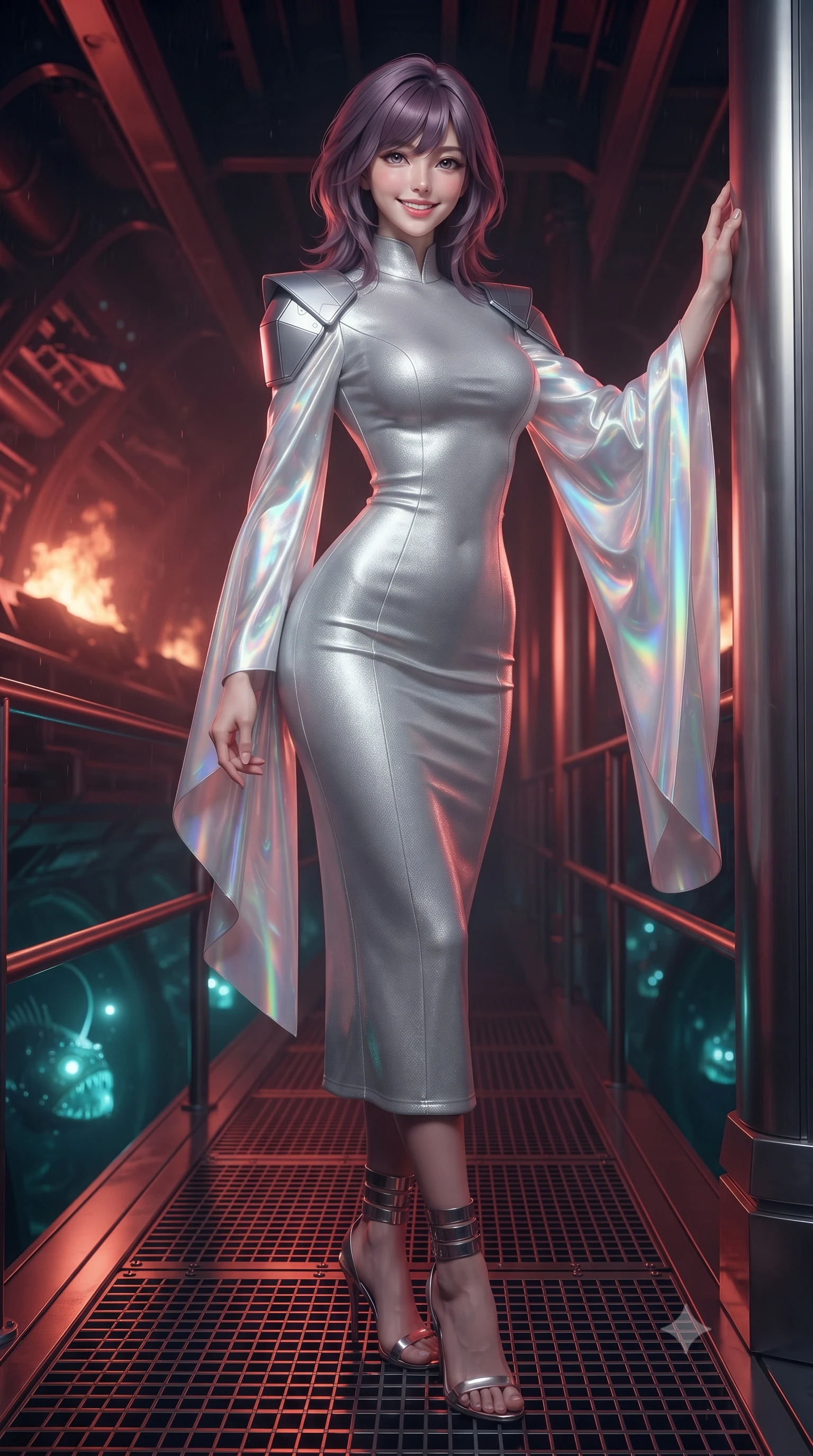 score_9, masterpiece, best quality, ultra-detailed, high-budget anime keyframe, editorial fashion photography, tasteful artistic composition, Japanese woman. low angle full-body shot from head to toe showing her feet, filling the entire 9:16 vertical frame with her statuesque presence, stretching her vertical silhouette. standing tall beside the architectural column, one hand resting high while arching her lower back to emphasize her sculpted feminine hips and slender waist while standing poised on the grated steel catwalk above flooded torpedo launch tubes, arching her spine with mysterious siren elegance as deep-sea anglerfish glow through the thick glass. The background shows a soft-focus condensing humidity droplets softened in deep-sea combat submarine bay shallow focus. She has an exceptionally tall and slender model-like 8.5-heads proportion, an ultra-slim waist, a flat toned midriff, narrow delicate ribcage, and beautifully sculpted feminine hips creating a graceful, slim hourglass silhouette without any bulky heaviness, with impossibly long slender legs. sharp v-shaped jawline, high-bridge nose, intricate jewel-like sparkling eyes with depth, thick eyelashes, glossy parted lips with a natural peach sheen, bright cheerful beaming smile with an enchanting and coquettish sensual glint, exuding both youthful cute charm and seductive allure, flawlessly proportioned anatomical accuracy, strict slender model proportions, natural body alignment, perfectly sculpted long slender limbs, ultra-slim waistline, clean dynamic posture without body distortion. wearing an elegant high-neck diplomatic sci-fi gown made of bioluminescent silver silk with structured geometric shoulder plates and long flowing sleeves in holographic prismatic pearl and aerospace white, tailored from high-density tech-wool with subtle metallic thread weave, complemented by strappy stiletto sandals with metallic ankle wraps accentuating her slender calves, the bespoke structured tailoring following the natural line of her 8.5-heads silhouette with refined elegance. bathed in moody 660nm deep red tactical battle stations lighting mixed with golden geothermal exterior fires. ultra-reflective glossy finish, specular highlights, rich textural contrasts, high-contrast stereoscopic depth, volumetric dynamic lighting, 2k, ultra detail, master piece, 9:16 ratio