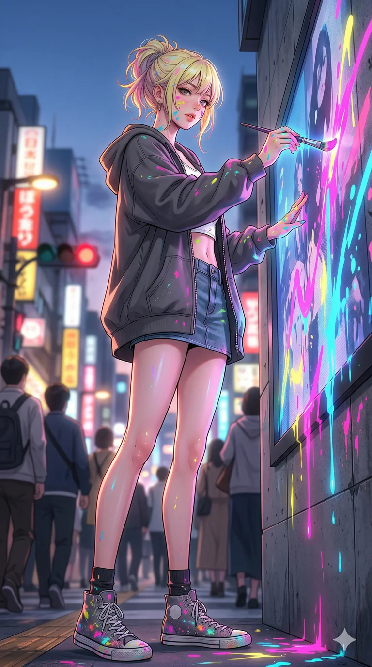 score_9, masterpiece, best quality, ultra-detailed, semi-realistic high-budget anime keyframe, an incredibly beautiful Japanese woman. Low angle cowboy shot filling the frame. She is a street artist painting with glowing liquid paint on a digital wall. She has an absolutely perfect 8-heads proportion, an exceptionally tall and slender female figure with long slender legs. Her face is a masterpiece with pastel yellow hair and paint splatters. She is wearing an oversized unzipped hoodie over a micro top and skirt, highlighting her alluring silhouette. Neon paint glows and city street, dramatic rim lighting, radiant glowing skin, 2k, ultra detail, master piece, 9:16 ratio