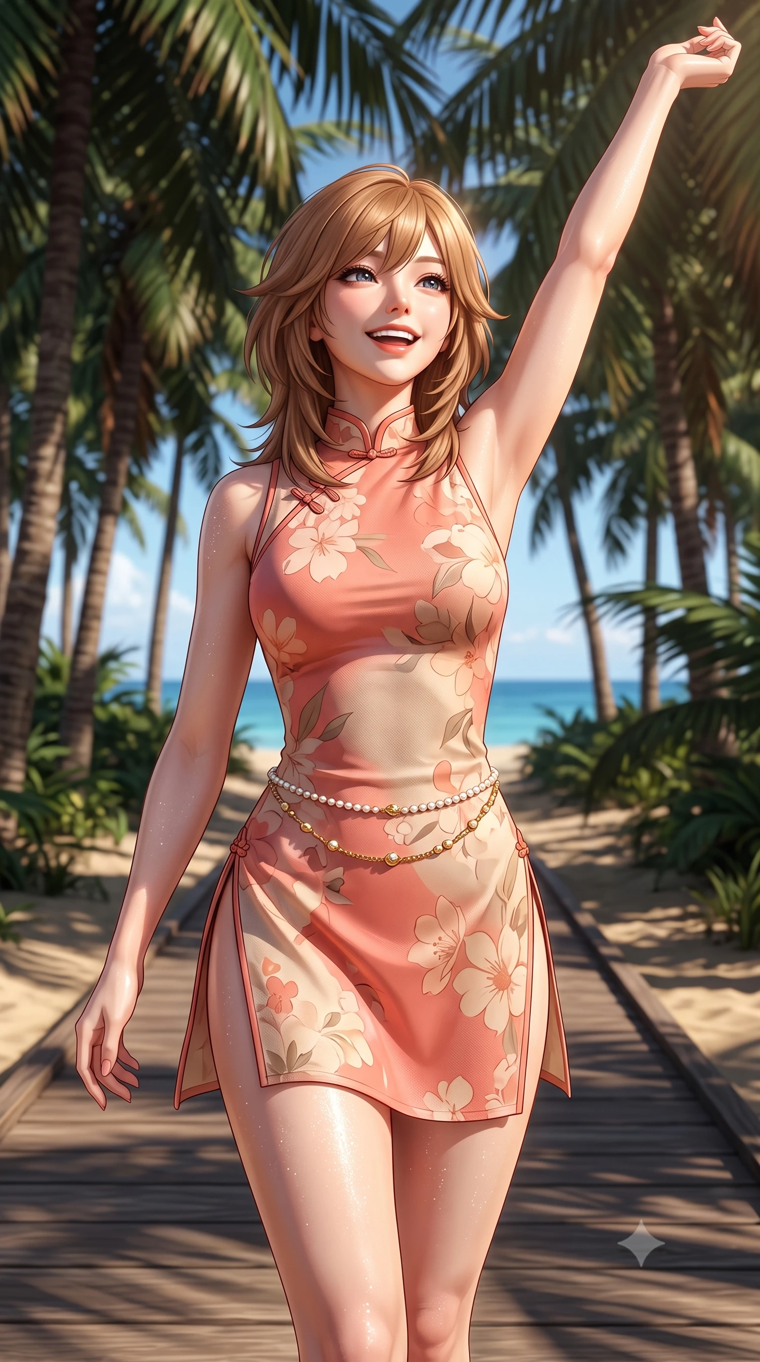score_9, masterpiece, best quality, ultra-detailed, high-budget anime keyframe, semi-realistic 3D game render, editorial fashion photography, tasteful artistic composition, Korean woman. close-up cowboy shot from the waist and thighs up, the character dominates the composition, filling the frame with her large presence. playfully stretching one arm overhead toward the sun, her radiant smile capturing fresh girlhood charm while her arched torso reveals an intoxicating hip contour while striding cheerfully along the wooden boardwalk leading through a shaded coconut palm grove, arching her back with an infectious sun-kissed smile. The surrounding environment is rendered in vivid detail and crisp panoramic clarity. detailed sporty chic outfit weave, glistening sun spray on skin, and ocean horizon clarity in high resolution. She has an exceptionally elegant, slender, and willowy female figure with an ultra-slim waist, flat toned midriff, narrow ribcage, and sculpted feminine hips creating an alluring, slim hourglass silhouette without bulk. sharp v-shaped jawline, high-bridge nose, intricate jewel-like sparkling eyes with depth, thick eyelashes, glossy parted lips with a natural peach sheen, bright cheerful beaming smile with an enchanting and coquettish sensual glint, exuding both youthful cute charm and seductive allure, flawlessly proportioned anatomical accuracy, strict slender model proportions, natural body alignment, perfectly sculpted long slender limbs, ultra-slim waistline, clean dynamic posture without body distortion. wearing a modern cute qipao mini dress with double side slits ascending to the hip in pastel floral silk in warm coral pink and soft oatmeal beige, tailored from fine lightweight chiffon that flutters gently in the breeze, accented with a dainty pearl waist chain catching the ambient sunlight, the form-contouring cut accentuating her sculpted flat midriff, narrow delicate ribcage, and gracefully curvy hips with supermodel precision. illuminated by warm sand specular reflections sharply carving her razor-sharp jawline, narrow waist, and curvy hips. highly saturated vibrant anime colors, detailed shading with soft gradients, rich glossy textures, high-contrast stereoscopic depth, volumetric dynamic lighting, master piece, 9:16 ratio